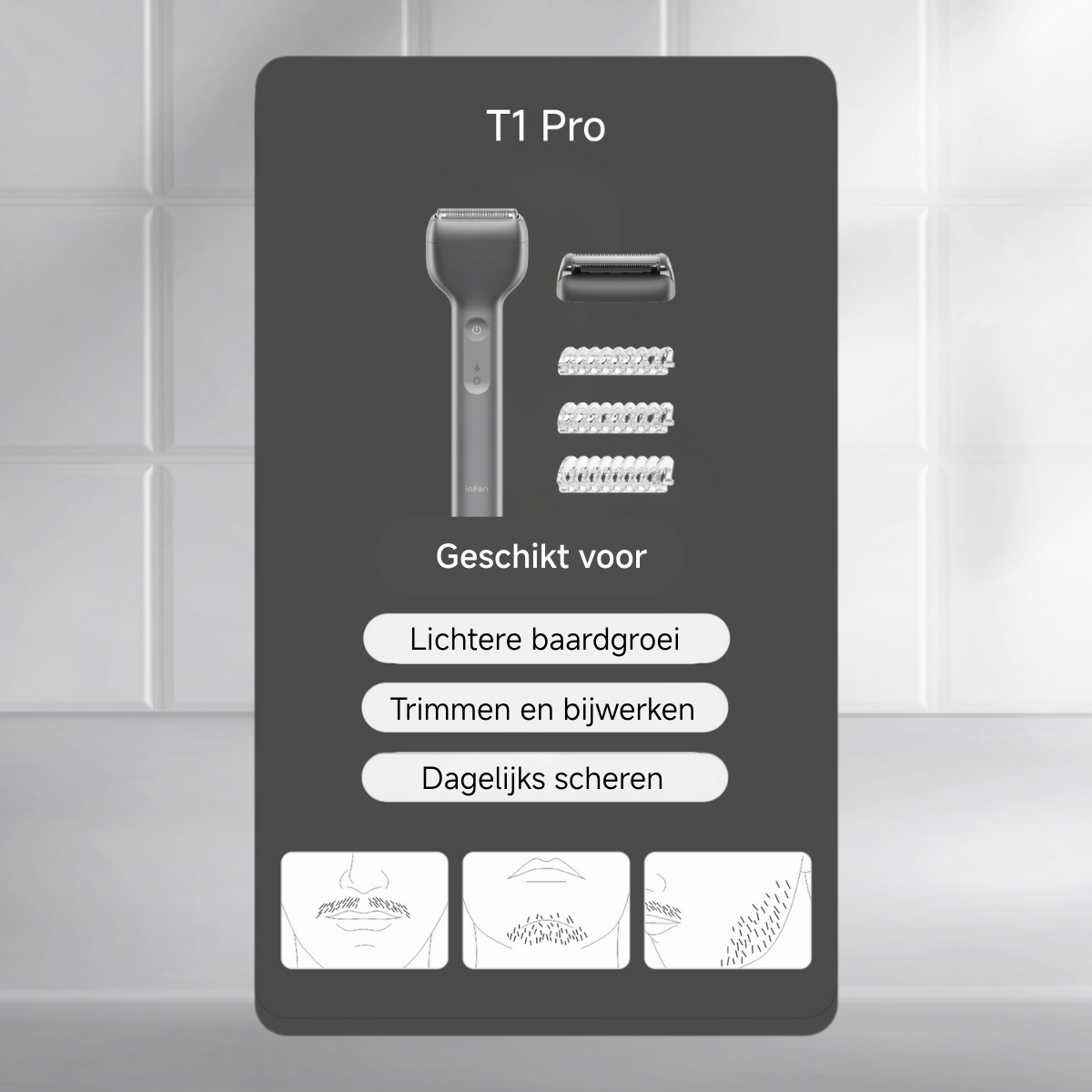 Een afbeelding van een T1 Pro baardtrimmer met verschillende opzetstukken en tekst in het Nederlands. De afbeelding toont ook illustraties van baardstijlen.