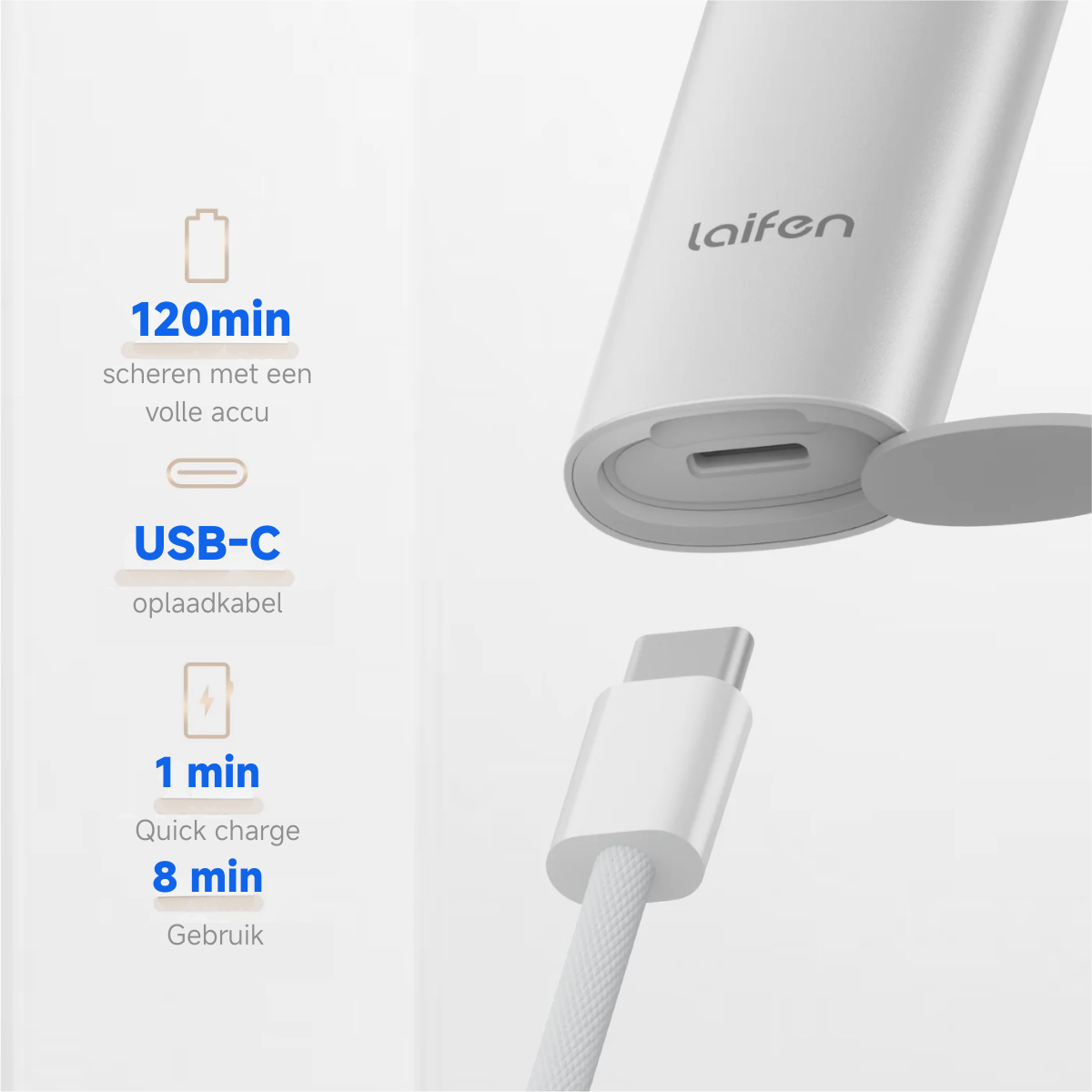 Rasoio Laifen bianco con cavo USB-C. Il testo mostra 120 min di rasatura, cavo USB-C, 1 min di ricarica rapida e 8 min di utilizzo.