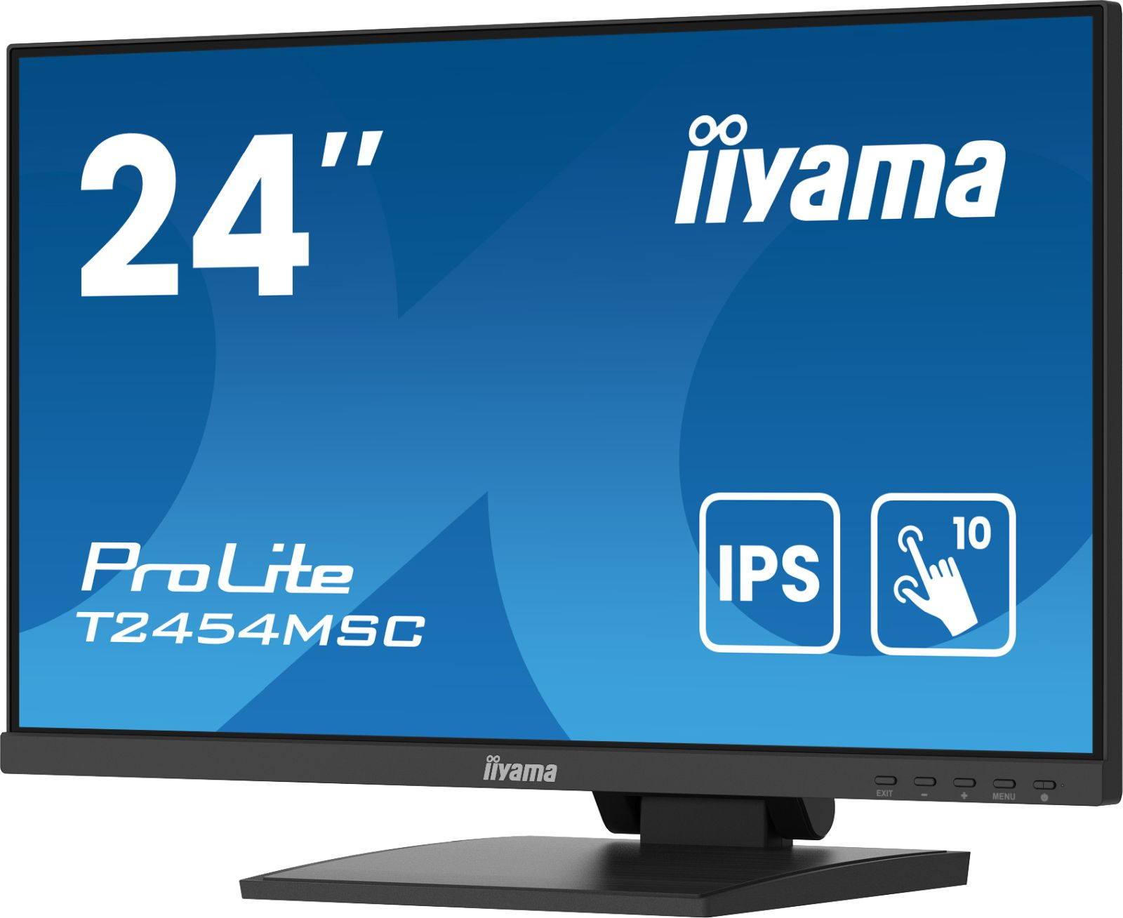 Iiyama 24" ProLite-Monitor mit IPS und Touchscreen-Funktionen. Das Display hat einen blauen Farbverlauf mit weißem Text und Symbolen.