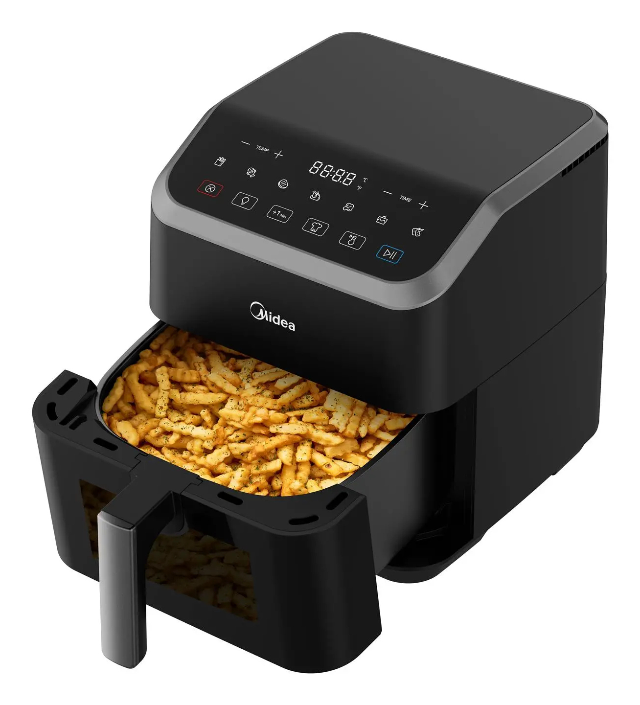 Ein schwarzer Midea-Heißluftfritteuse mit einer Schublade voller goldener Pommes. Das Display zeigt Einstellungen. Der Griff ist vorne.