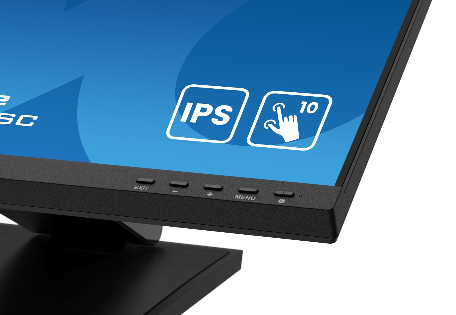 Nahaufnahme eines schwarzen Monitors. Er zeigt 'IPS', ein Berührungssymbol und '10'. Unten befinden sich Tasten für 'EXIT', 'MENU' und Power.