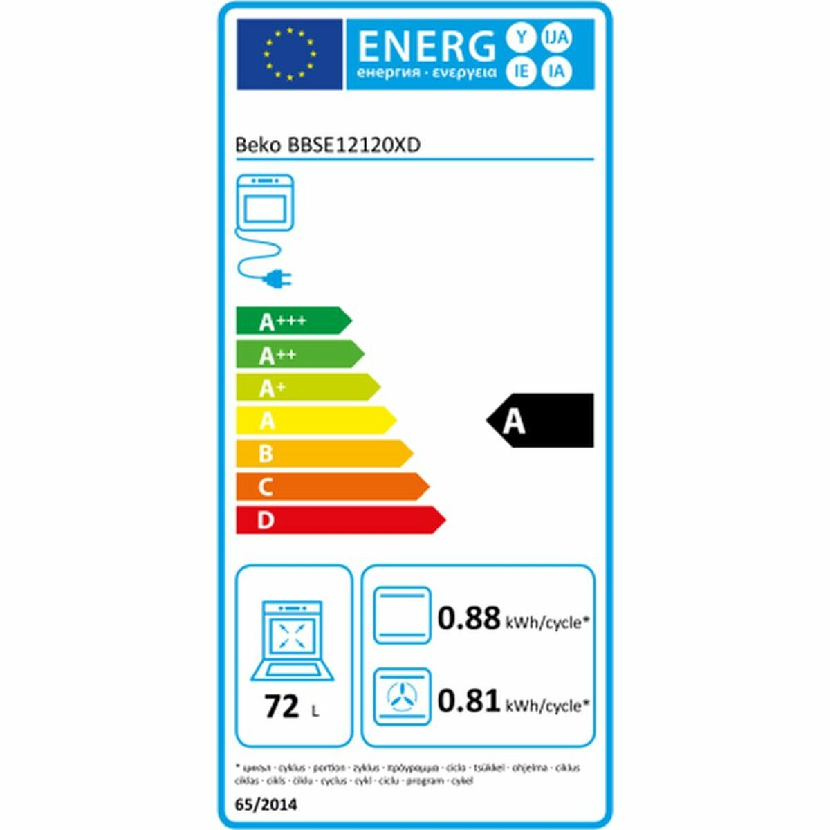 Etiqueta energética de un horno Beko. Muestra las clasificaciones de eficiencia energética, detalles de consumo y capacidad. La clase de eficiencia es 'A'.