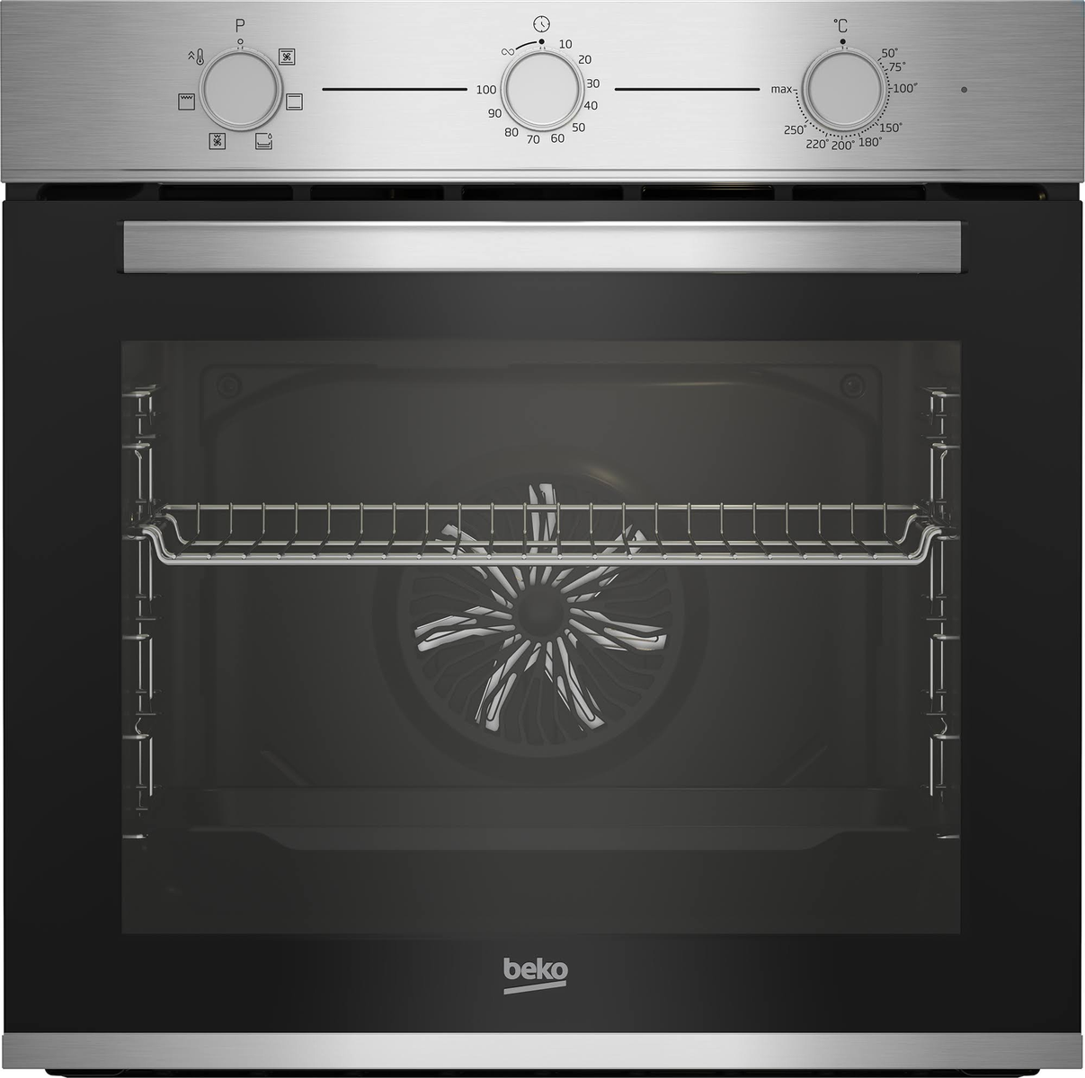 Un horno Beko de acero inoxidable con mandos, puerta de cristal e interior con ventilador y rejilla. El horno está apagado.