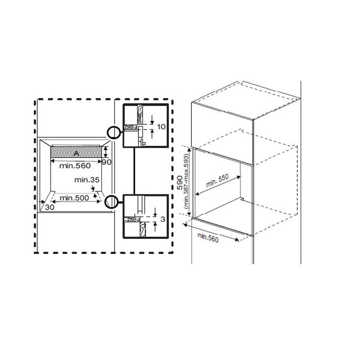 Dibujo técnico de un electrodoméstico empotrado. Muestra dimensiones en milímetros para la instalación, incluyendo altura, ancho y profundidad.