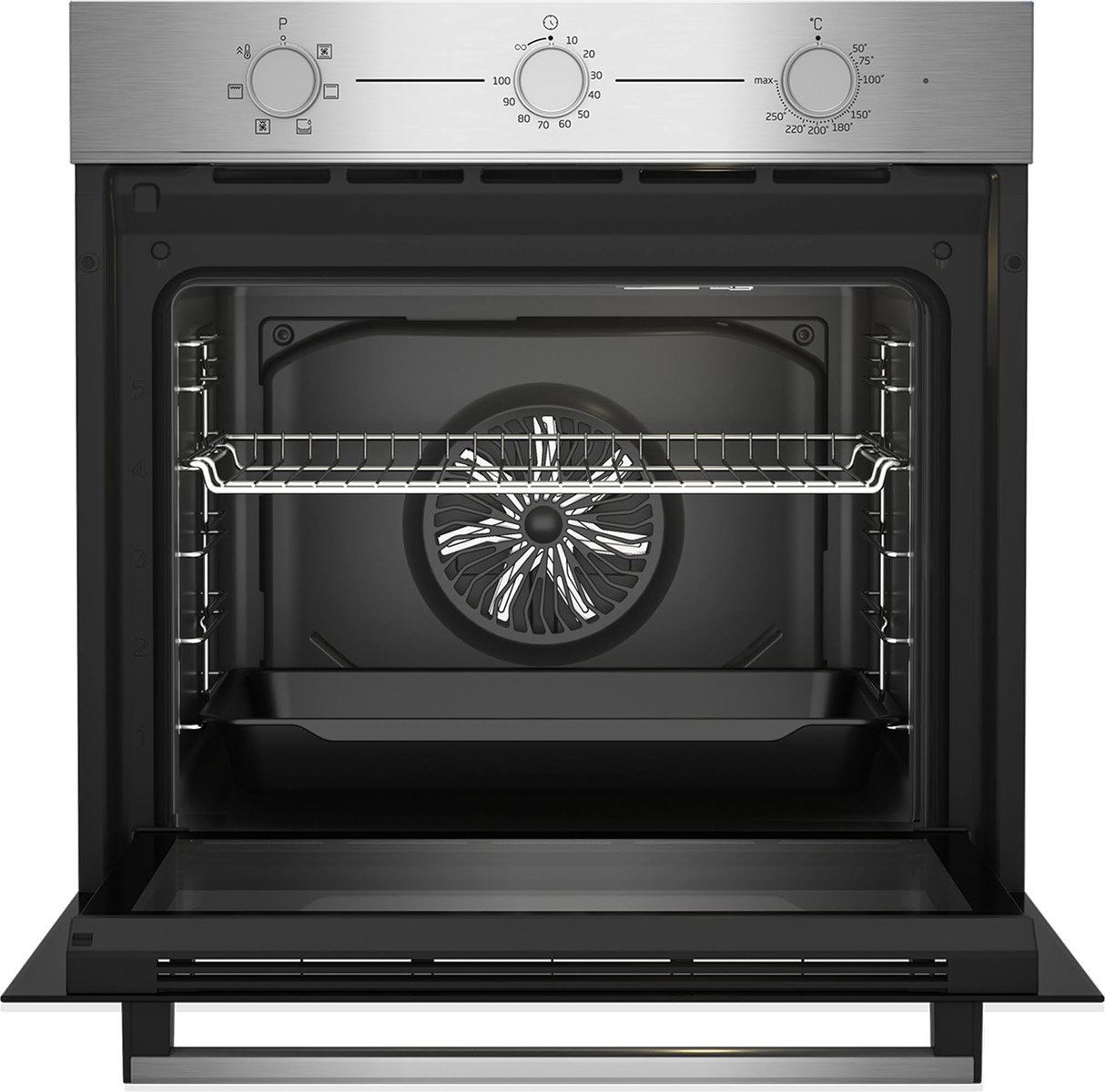 Un horno abierto con frente de acero inoxidable. Dentro, se ven una rejilla y un ventilador. Controles y ajustes de temperatura arriba.