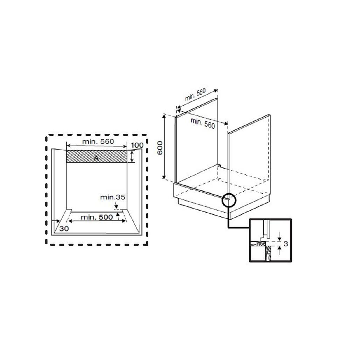 Dibujo técnico con dimensiones que muestra una cabina de ducha con medidas en milímetros. Incluye una vista detallada con flecha.