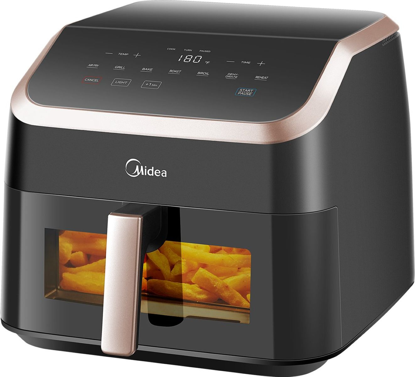 Una friggitrice ad aria Midea nera con porta trasparente che mostra patatine fritte. Ha un display digitale e dettagli oro rosa.