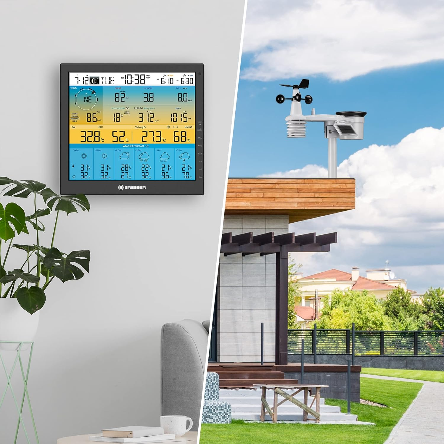 Wetterstation zeigt Daten. Haus mit Sensor auf dem Dach und Rasen im Vordergrund.