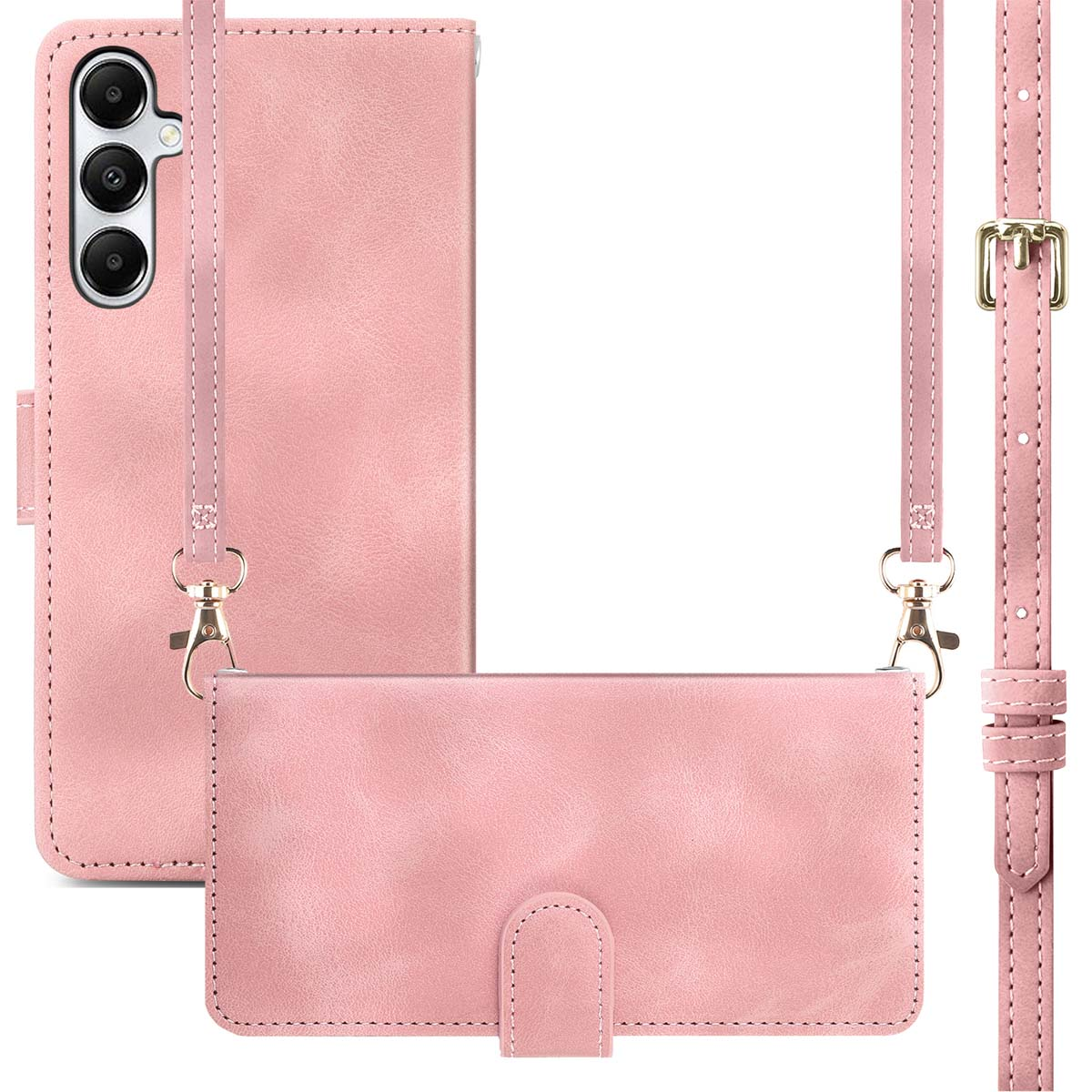 Étui de téléphone en cuir rose avec sangle. L'étui a un design portefeuille, comprenant un support de téléphone et des fentes pour cartes.