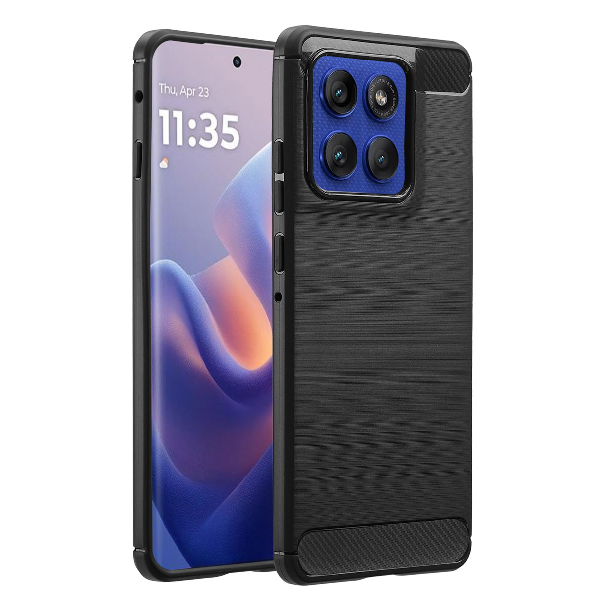 Viene mostrato uno smartphone con custodia. Lo schermo mostra la data e l'ora. La custodia è nera e il telefono ha più fotocamere.