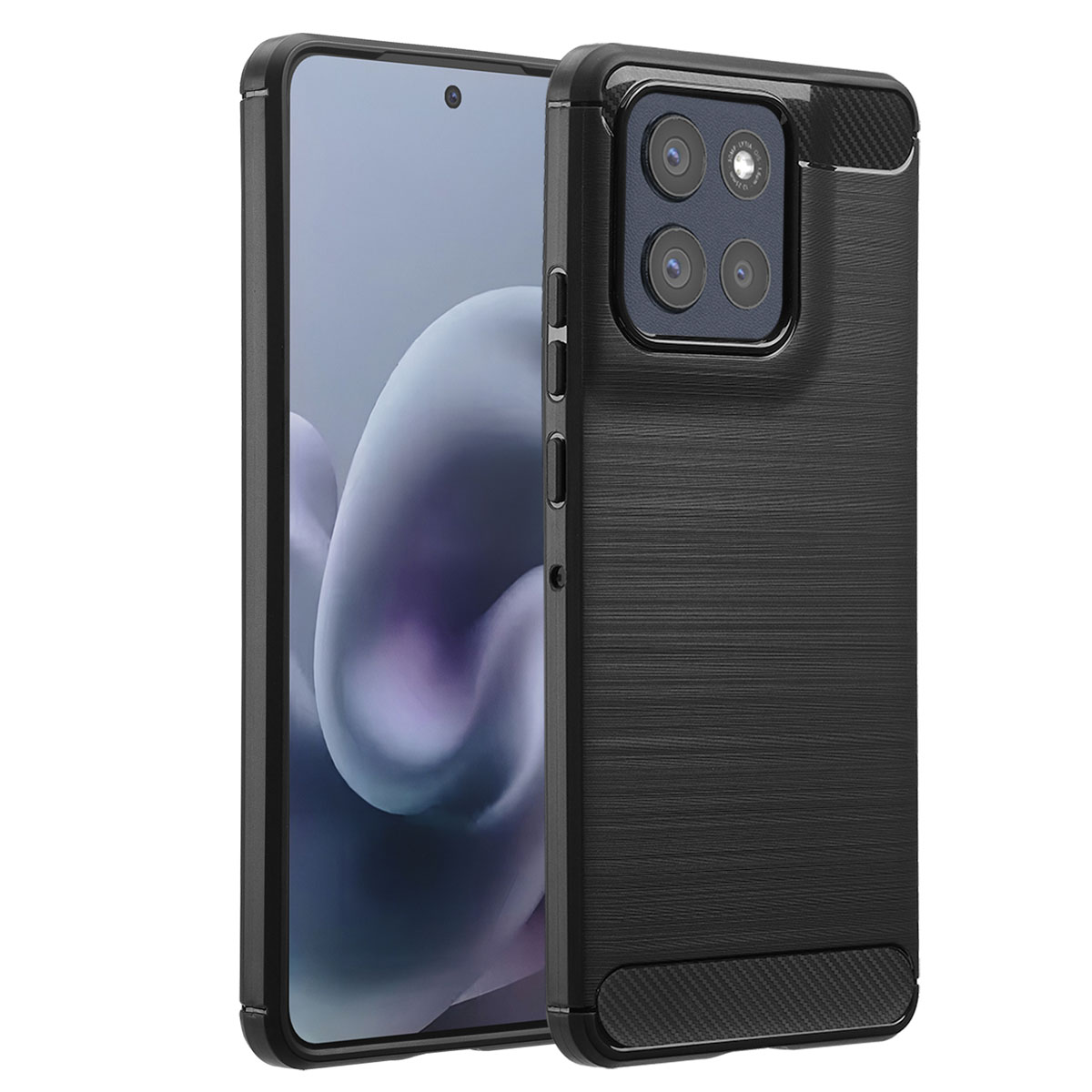Schwarzes Smartphone in Schutzhülle. Der Bildschirm zeigt ein verschwommenes lila-weißes Design.