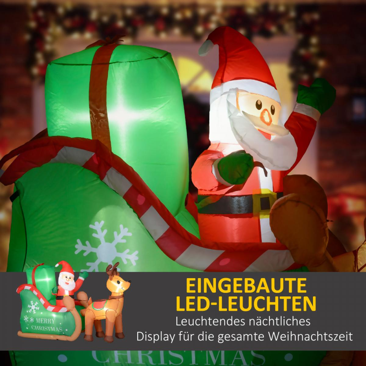 Aufblasbare Weihnachtsdekoration mit Weihnachtsmann und Rentier. Grüner Geschenkkorb und Text 'Merry Christmas' sind ebenfalls sichtbar.