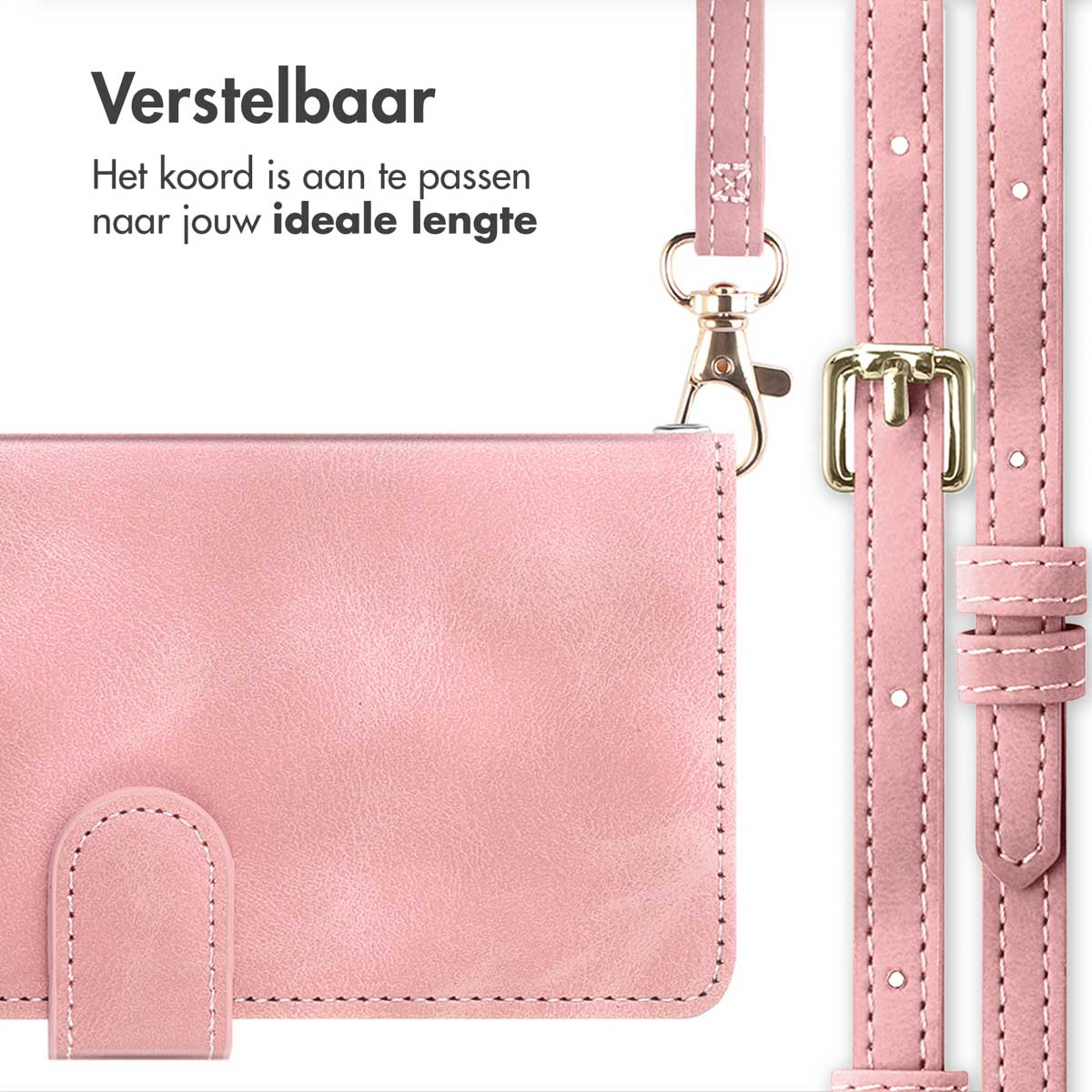 Étui de téléphone rose avec sangle réglable. Fermoir et boucle dorés. Texte en néerlandais en haut.