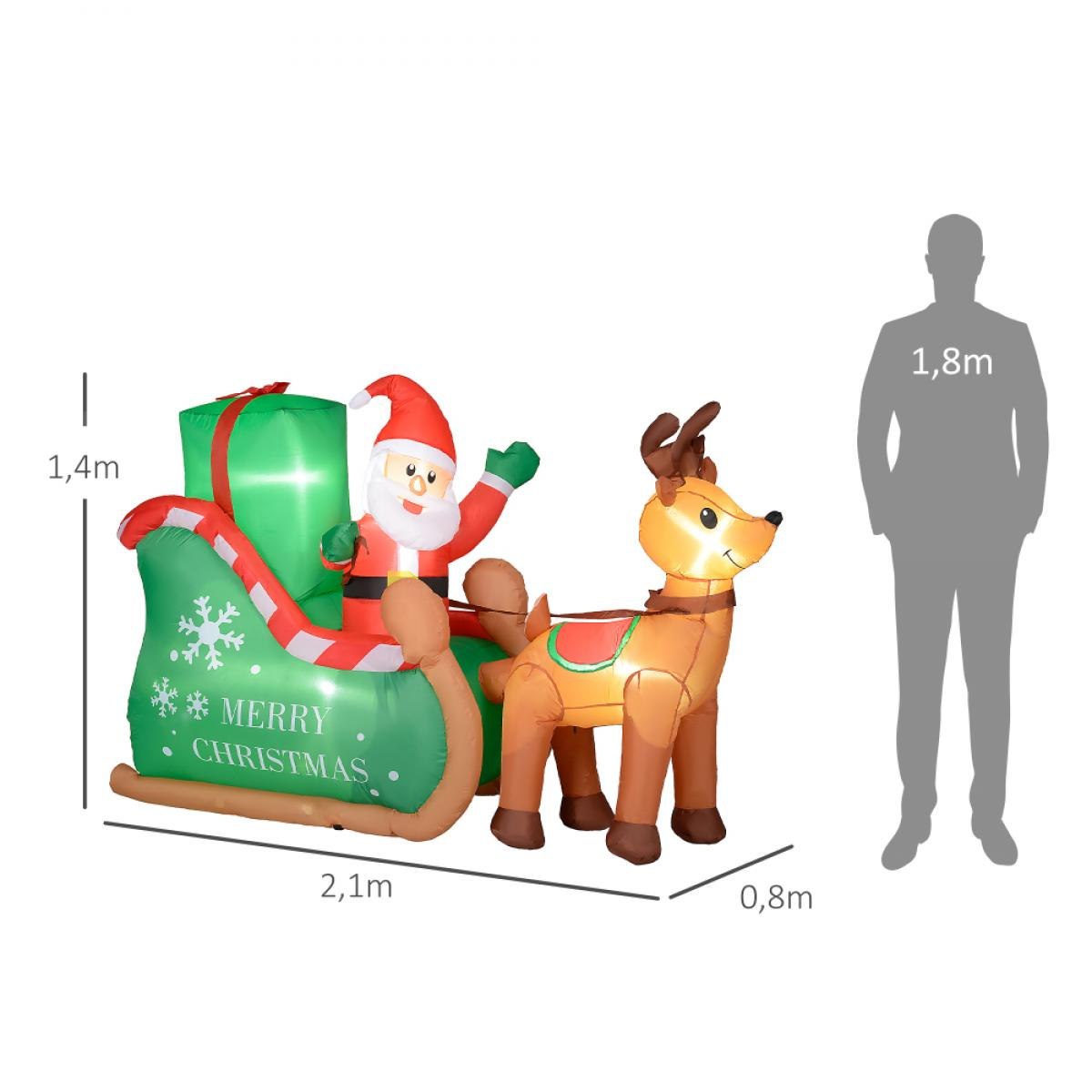 Aufblasbare Weihnachtsdekoration: Weihnachtsmann im Schlitten, gezogen von einem Rentier. Abmessungen mit einer menschlichen Silhouette.