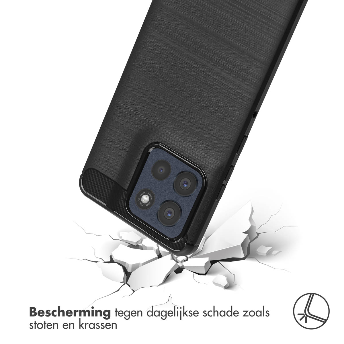 Schwarze Handyhülle mit Kameramodul. Die Hülle liegt auf einer weißen Oberfläche mit Rissen. Text: Schutz vor täglichen Schäden.