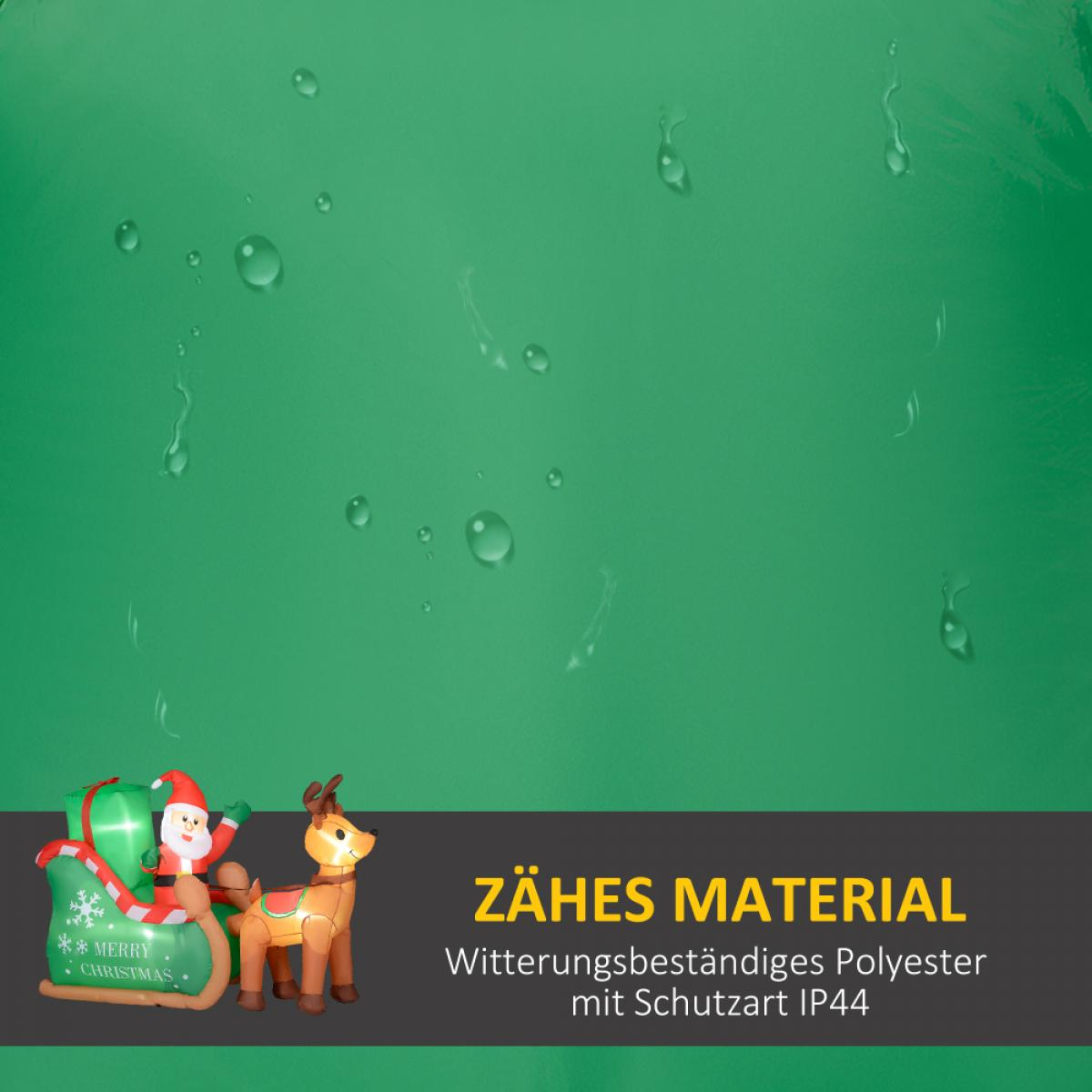 Ein grüner Hintergrund mit Wassertropfen zeigt einen aufblasbaren Weihnachtsmann auf einem Schlitten und ein Rentier. Text unten.