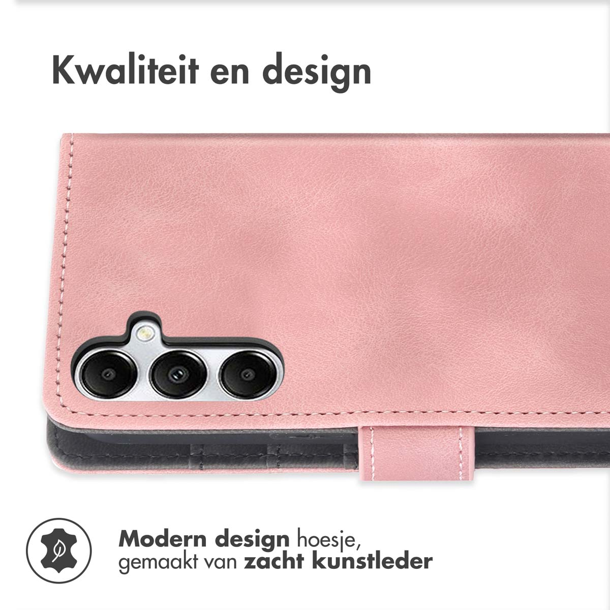 Étui de téléphone rose avec trois lentilles de caméra. Texte: 'Qualité et design' et 'Étui design moderne, en similicuir souple'.