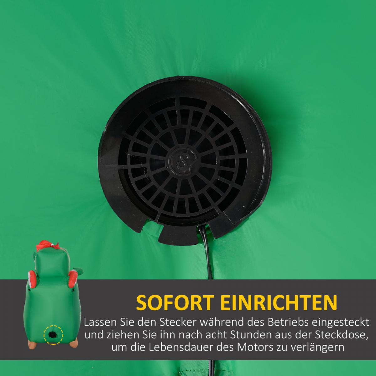 Ein grüner aufblasbarer Pinguin mit einem schwarzen Ventilator auf grünem Hintergrund. Text: SOFORT EINRICHTEN.