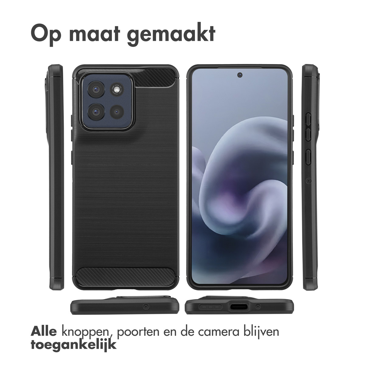 Schwarze Handyhülle mit Telefon, Rückseite und Seiten. Oben steht 'Op maat gemaakt'. Unten stehen die Funktionen.