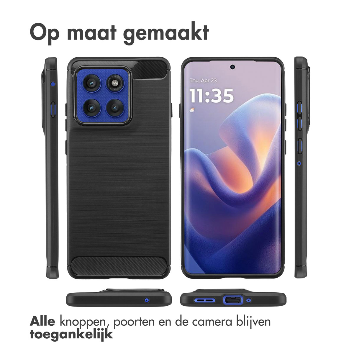 Custodia nera per telefono con telefono. Mostra schermo, pulsanti e fotocamera del telefono. Testo olandese.