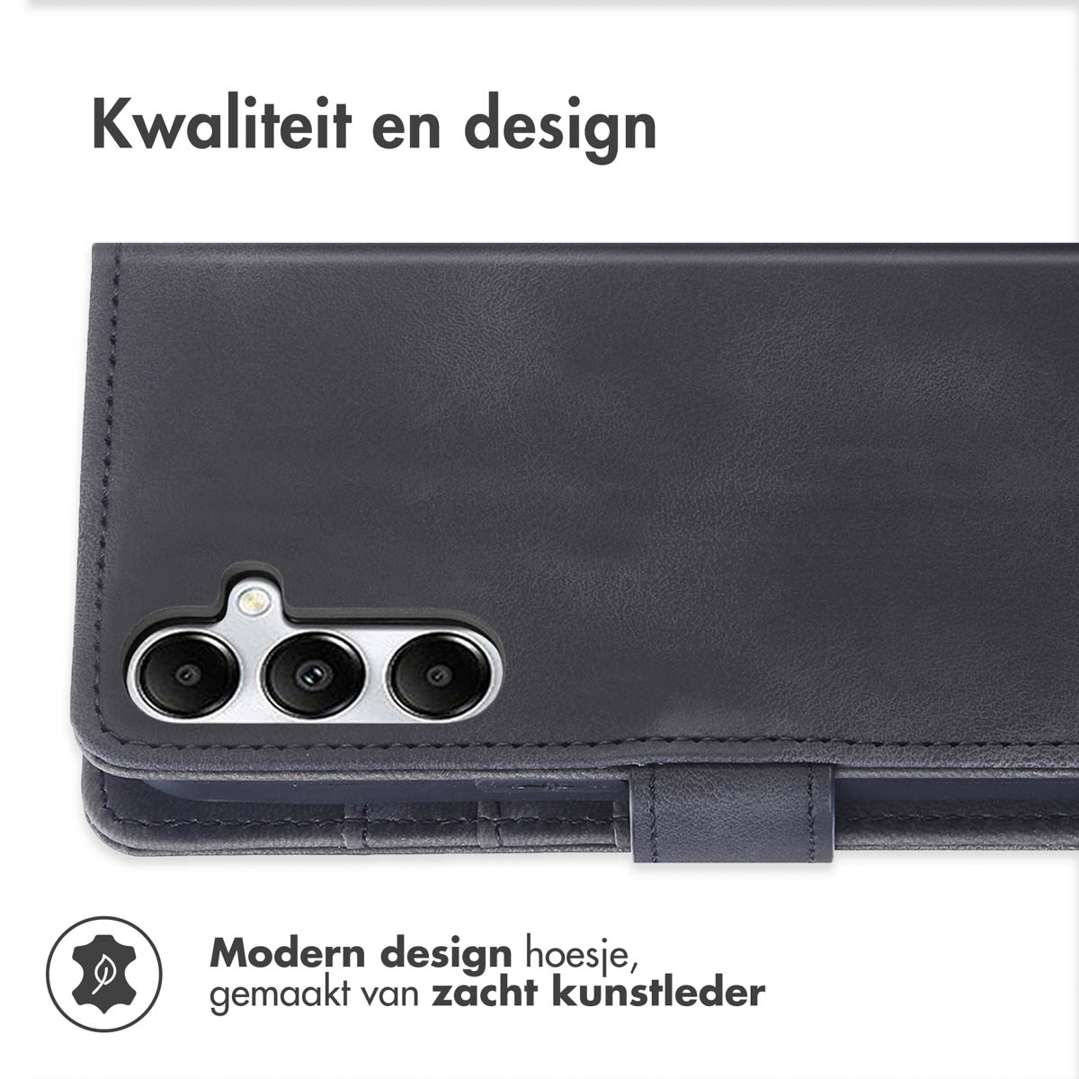 Een close-up van een donkergrijze telefoonhoes met drie cameralenzen. Het heeft een ledertextuur met stiksels en een sluiting. De tekst zegt 'Kwaliteit en design'.