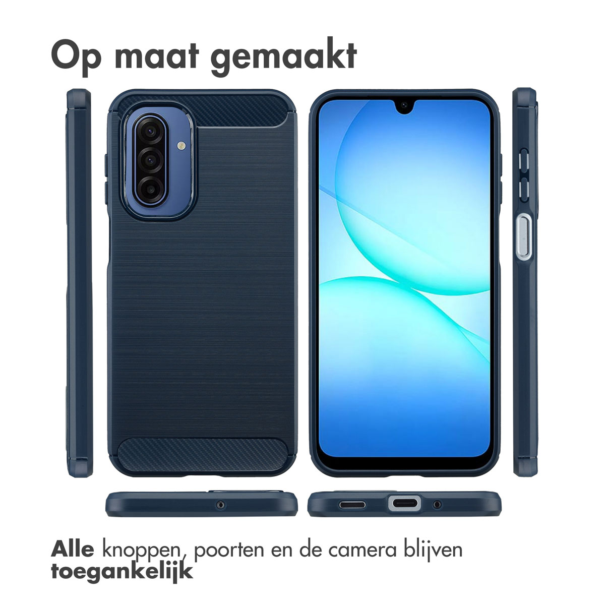 Eine marineblaue Handyhülle mit einem Handy darin und seinen verschiedenen Teilen ringsum. Der Bildschirm des Telefons ist sichtbar.