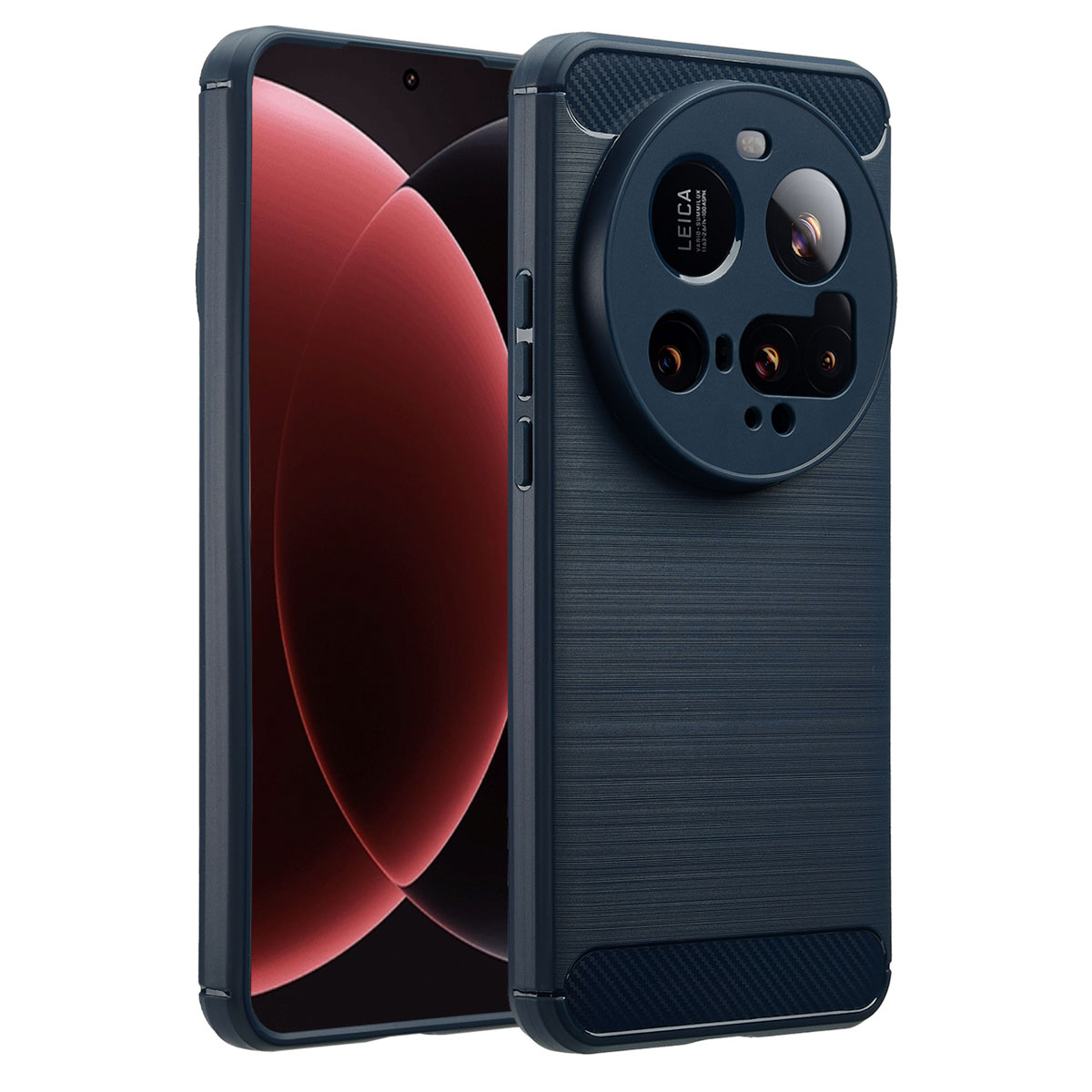Twee donkerblauwe telefoonhoesjes. Eén toont het scherm met een rode gradiënt en de andere de camera en het Leica-logo.