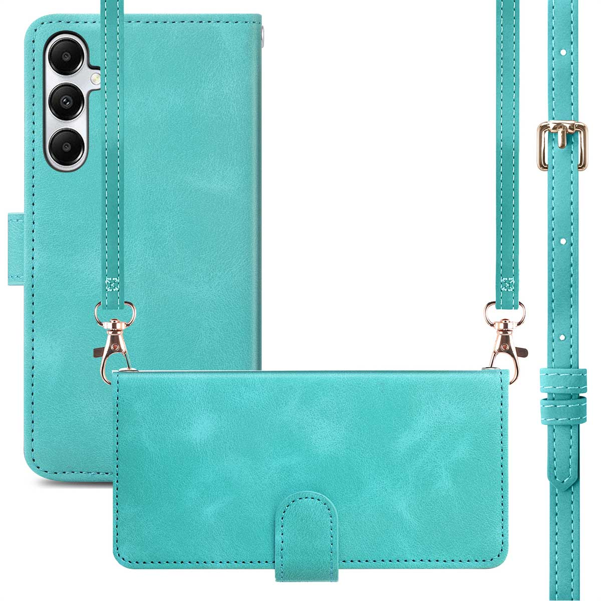 Un étui de téléphone turquoise avec une sangle. L'étui est en trois parties. Il possède une découpe pour l'appareil photo et une fermeture magnétique.