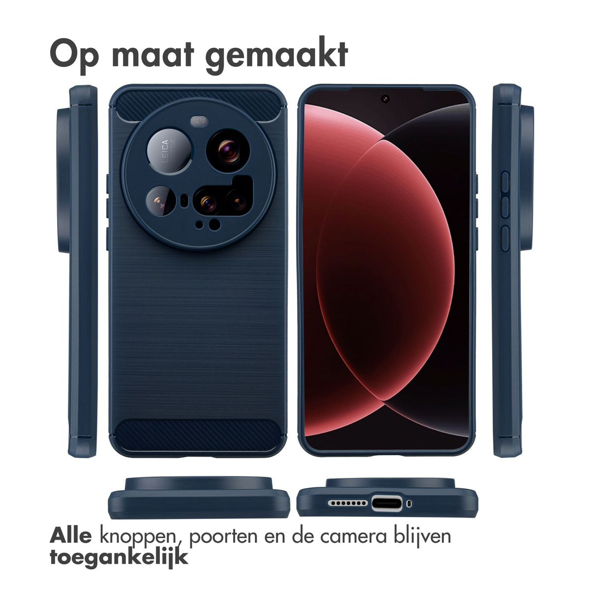 Een telefoon en de hoes worden getoond. De hoes is donkerblauw en het scherm toont een rood-zwart ontwerp.