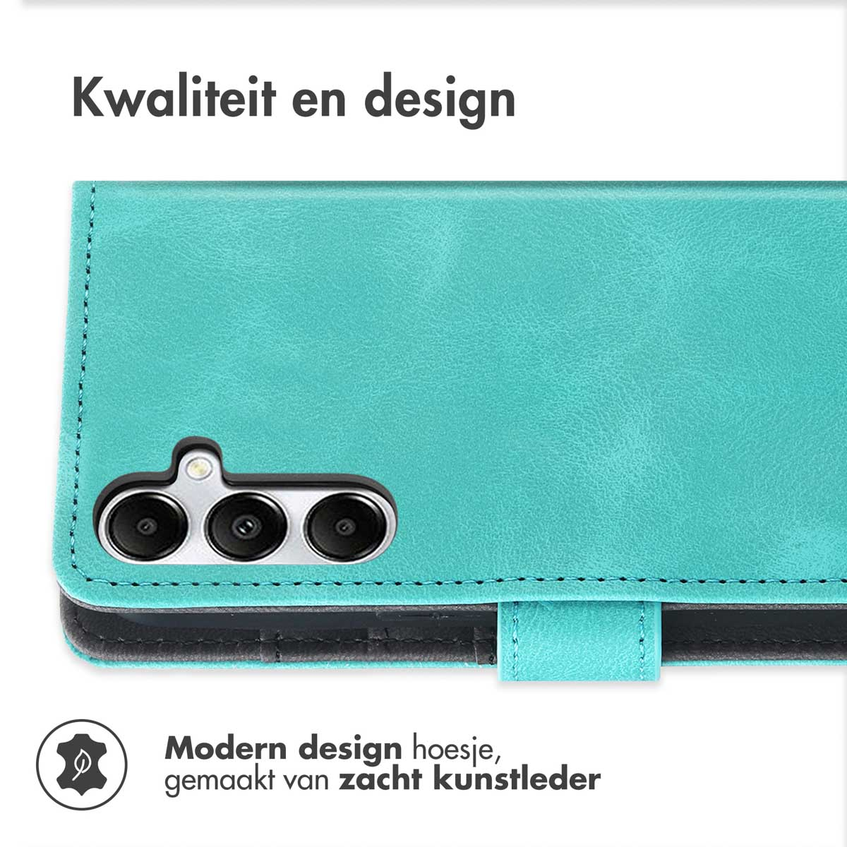 Gros plan sur un étui turquoise avec module caméra. Texte: 'Design moderne, fabriqué en similicuir souple'.