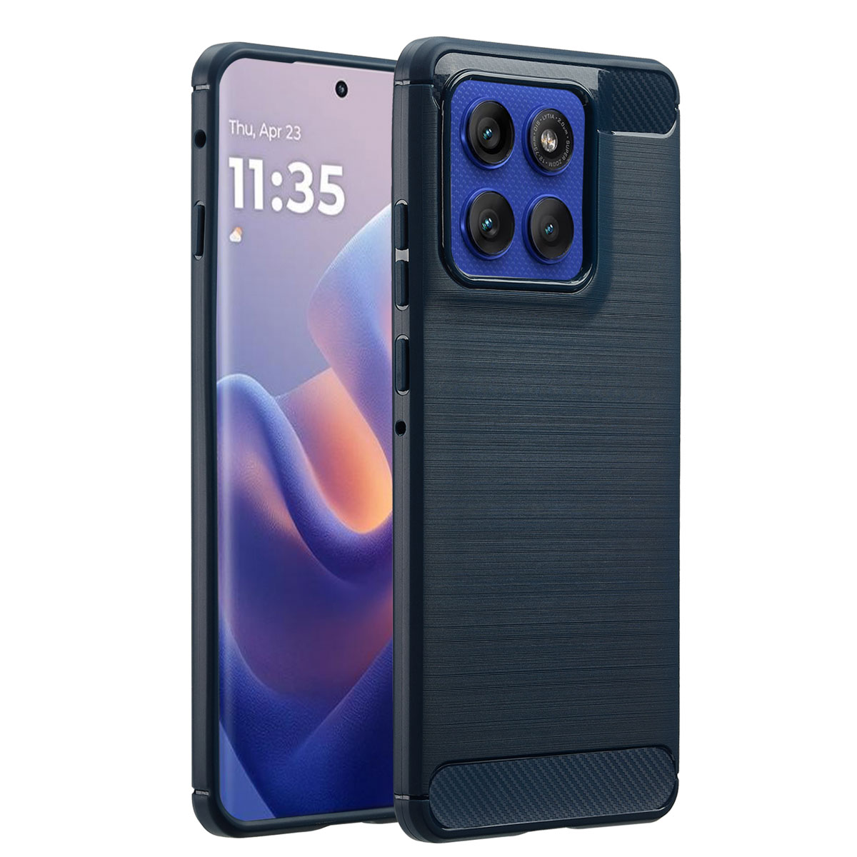Ein Smartphone mit dunkelblauer Hülle. Der Bildschirm zeigt Datum und Uhrzeit. Die Hülle hat eine strukturierte Oberfläche.