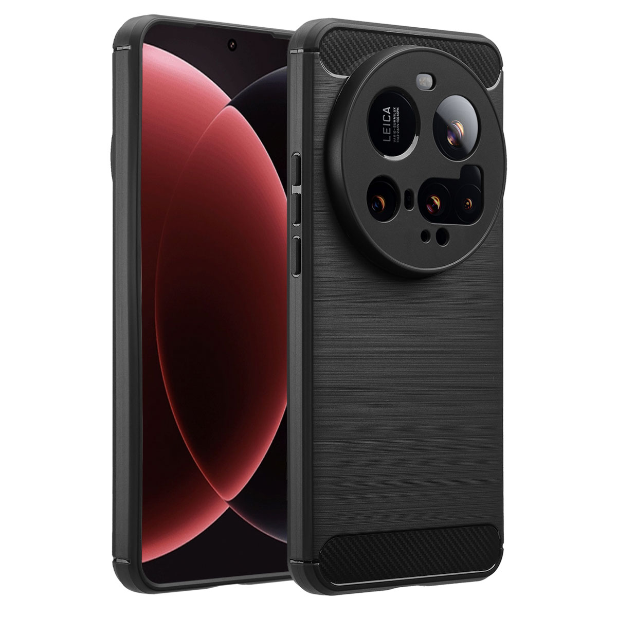 Twee zwarte smartphones met hoesjes. Eén toont een scherm met een rode gradiënt. De andere heeft een Leica-cameramodule.
