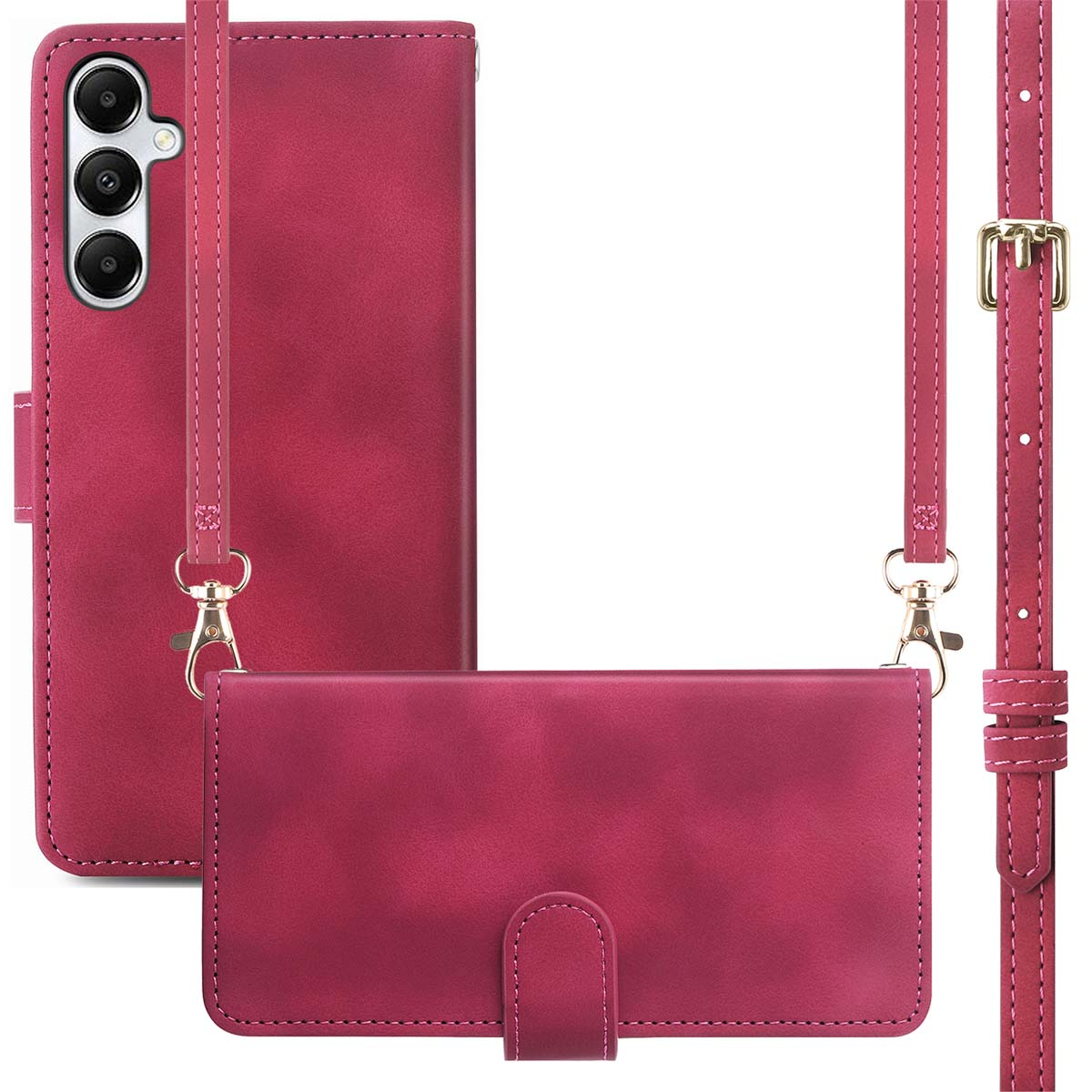 Un étui de téléphone bordeaux avec une sangle assortie. Il a un design portefeuille, un fermoir et une caméra de téléphone visible.