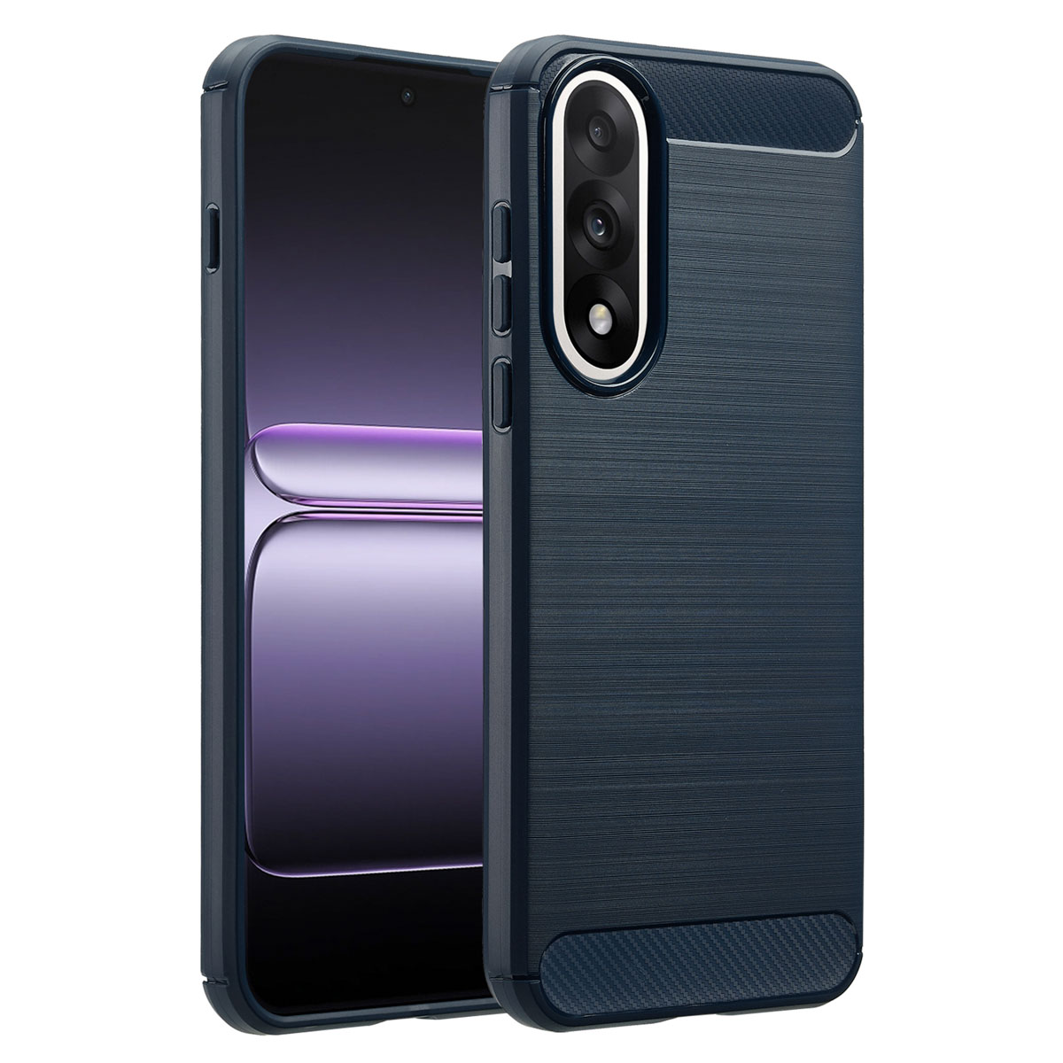 Custodia per telefono blu scuro con ritaglio per fotocamera. Schermo visibile, con tonalità viola. La custodia ha una superficie strutturata.
