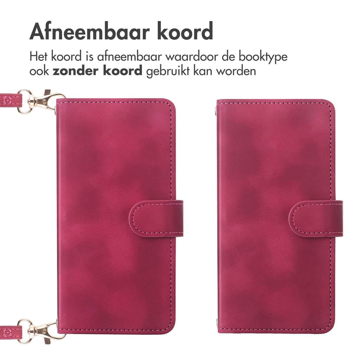 Deux étuis de téléphone magenta. L'un a une sangle attachée. Le texte dit cordon détachable, le cordon est amovible.