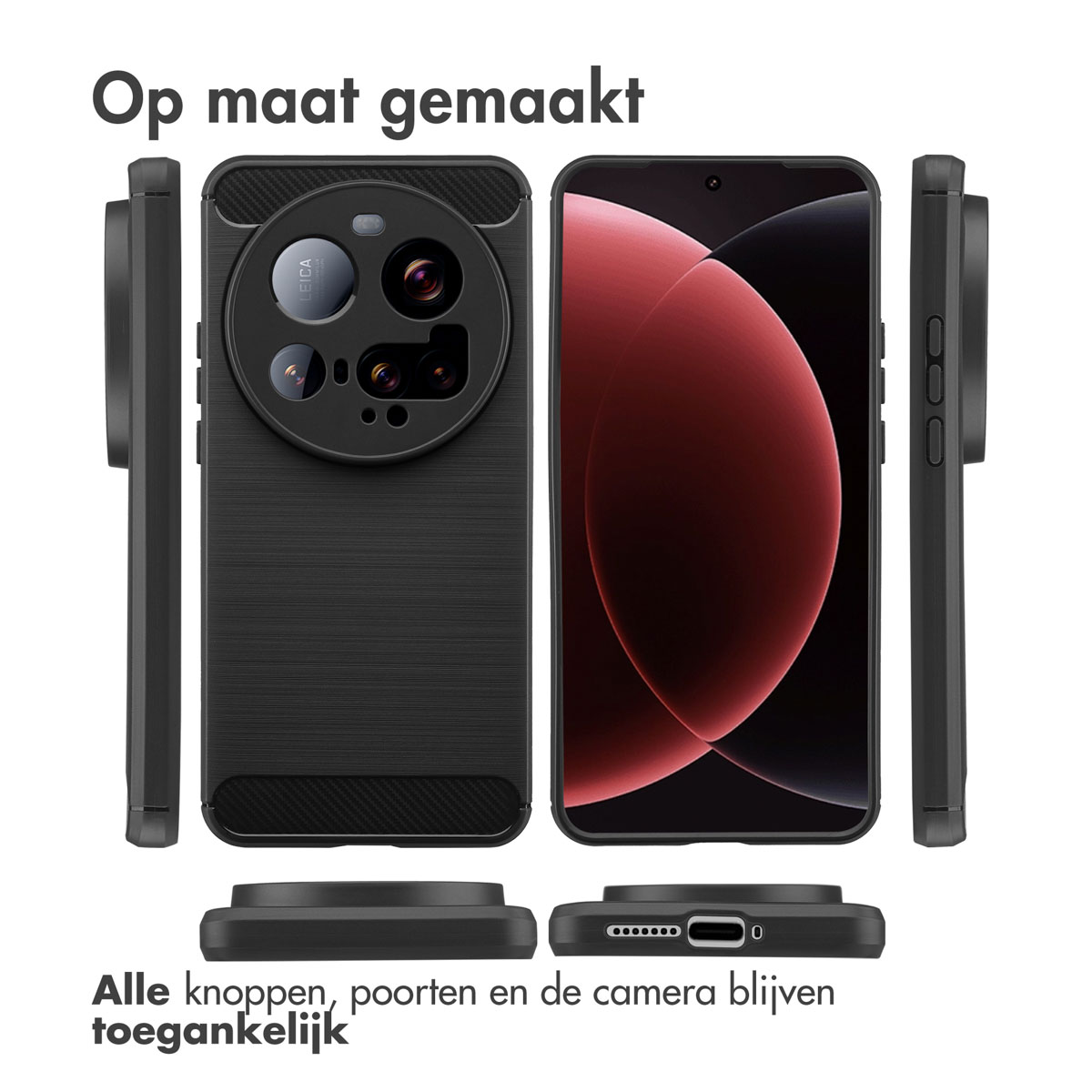 Zwarte telefoonhoes met een telefoon erin. De hoes heeft uitsparingen voor camera en knoppen. Het scherm toont een rood en zwart ontwerp.