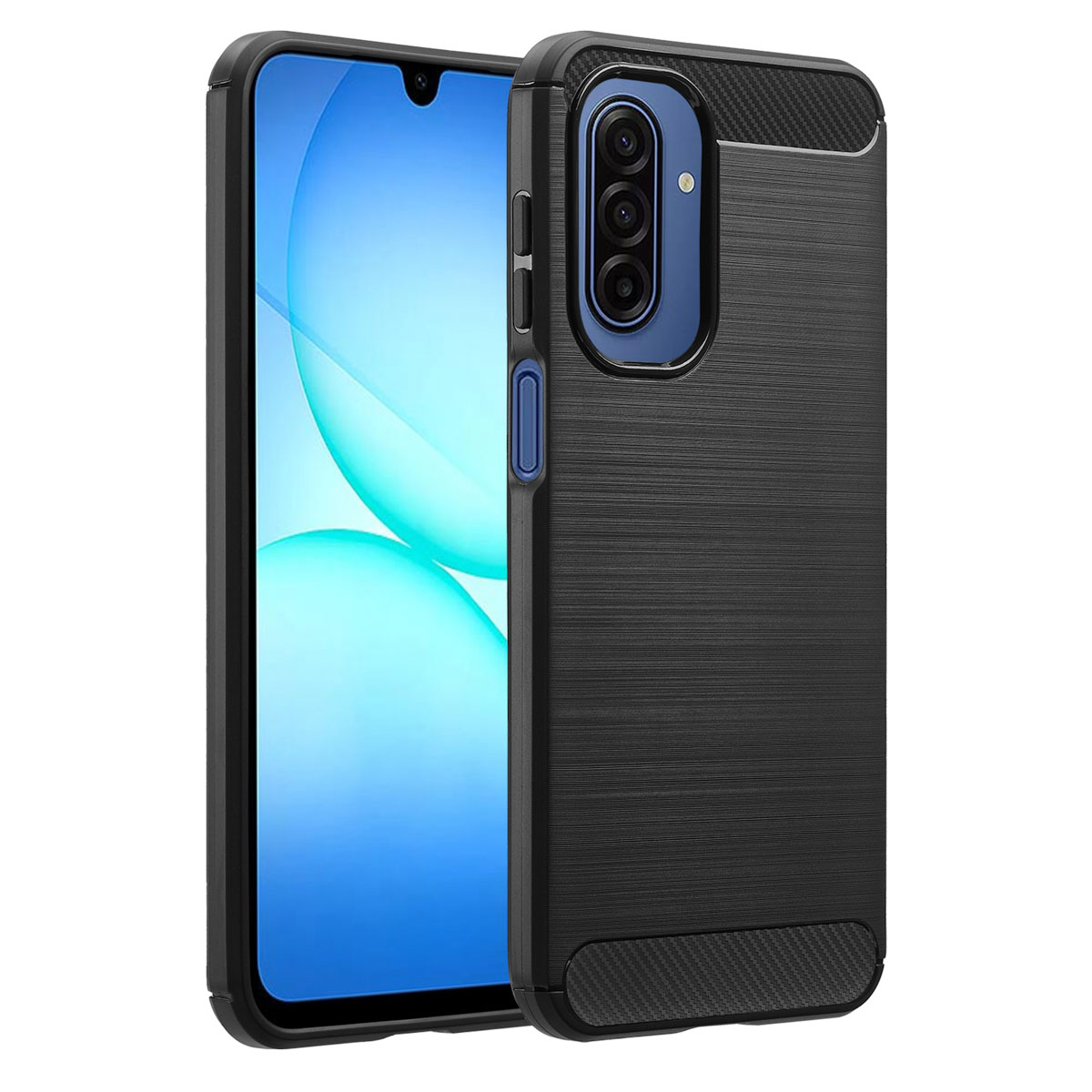 Eine schwarze Handyhülle mit strukturierter Rückseite und Kameraaussparung. Ein Telefonbildschirm ist mit blauem und weißem Hintergrund sichtbar.