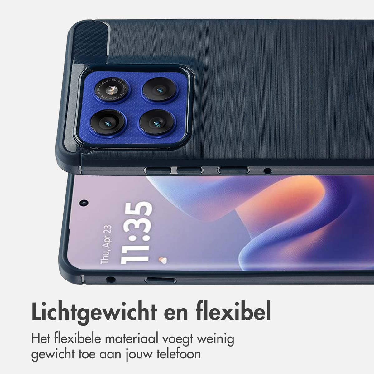 Eine Smartphone-Hülle mit Kameramodul und Bildschirm, der 11:35 Uhr anzeigt. Unten steht 'Leicht und flexibel'.