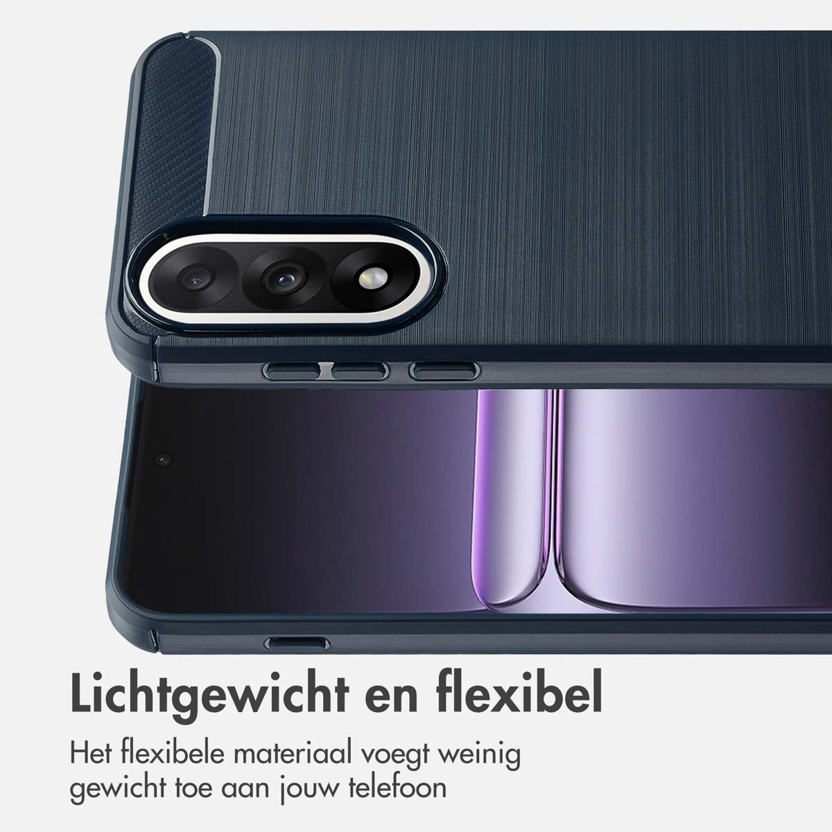Primo piano di una custodia per telefono blu scuro con modulo fotocamera. Testo sotto: 'Leggero e flessibile'.