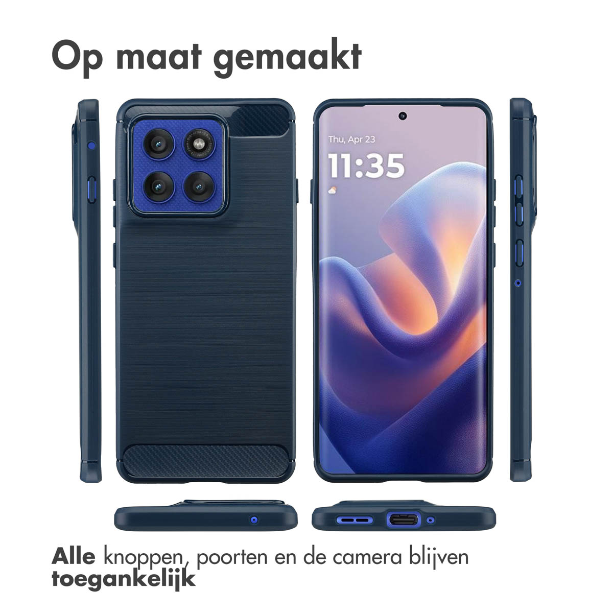 Eine Handyhülle mit einem Handy darin, verschiedene Ansichten. Der Telefonbildschirm zeigt die Uhrzeit. Text: 'Op maat gemaakt' und 'Alle knoppen...toegankelijk'.