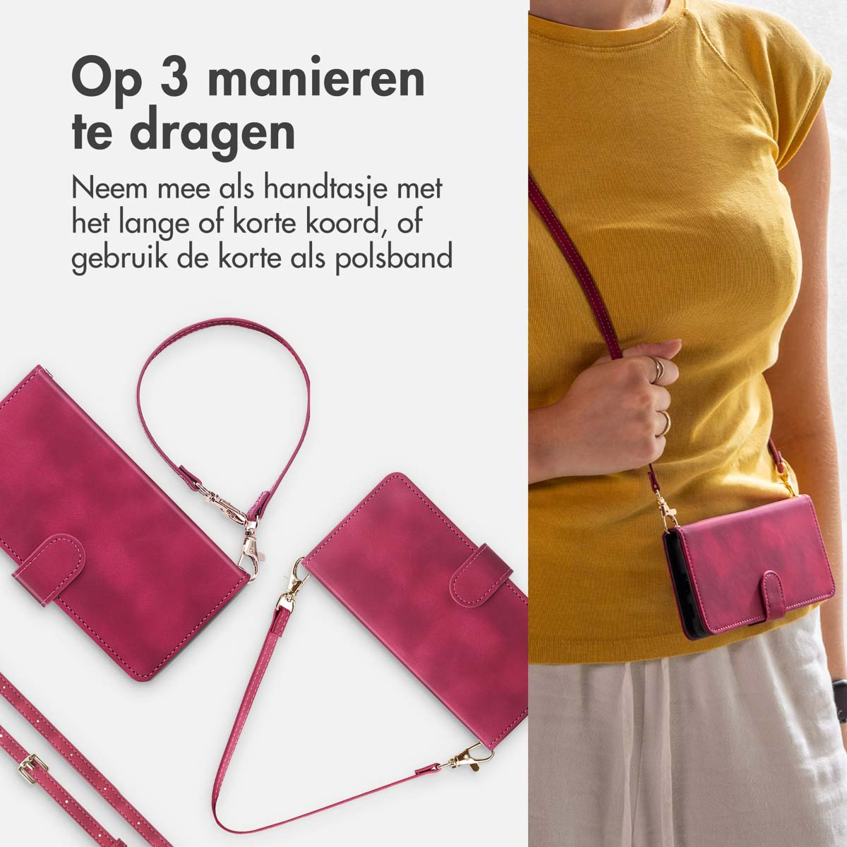 Femme portant un étui de téléphone rouge avec une longue sangle. Deux autres étuis et sangles sont affichés à gauche. Chemise jaune et pantalon blanc.
