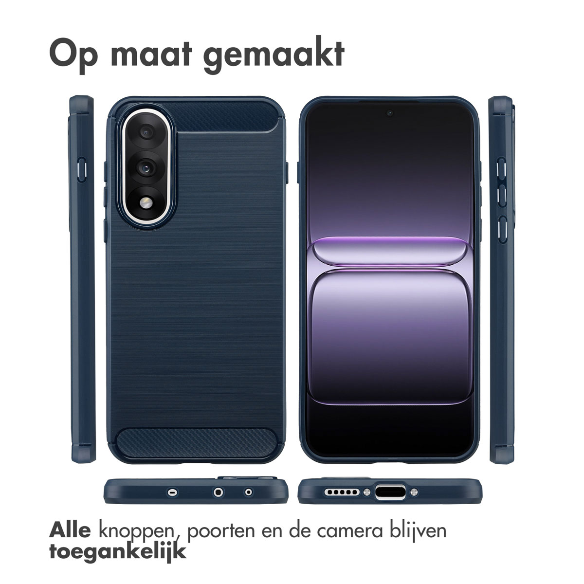 Custodia blu navy con telefono, con testo 'Op maat gemaakt'. Custodia e telefono mostrati da diverse angolazioni.