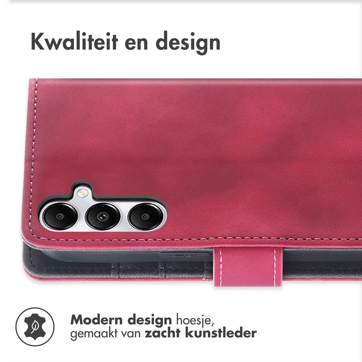 Un étui de téléphone en cuir rouge avec une découpe pour l'appareil photo. Le texte "Kwaliteit en design" est en haut. L'étui est en cuir souple.