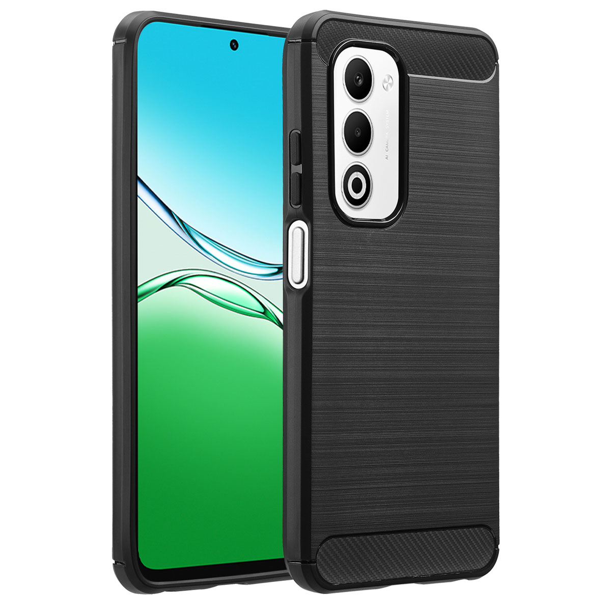 Twee smartphones met zwarte hoesjes. Eén toont een blauw en groen scherm, de andere heeft een cameramodule.