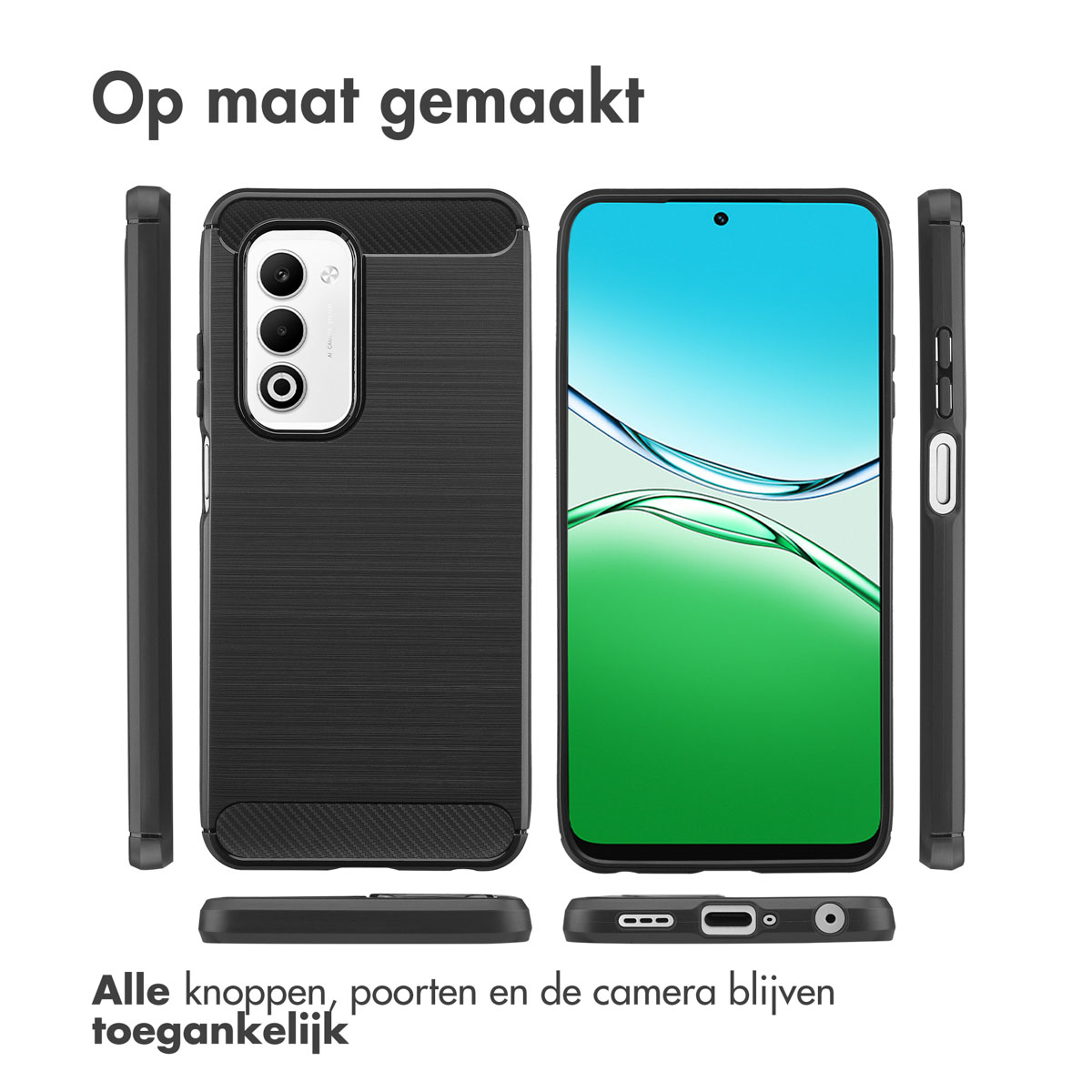 Zwarte telefoonhoes met telefoon. Teksten: 'Op maat gemaakt'. Knoppen, poorten en camera toegankelijk.