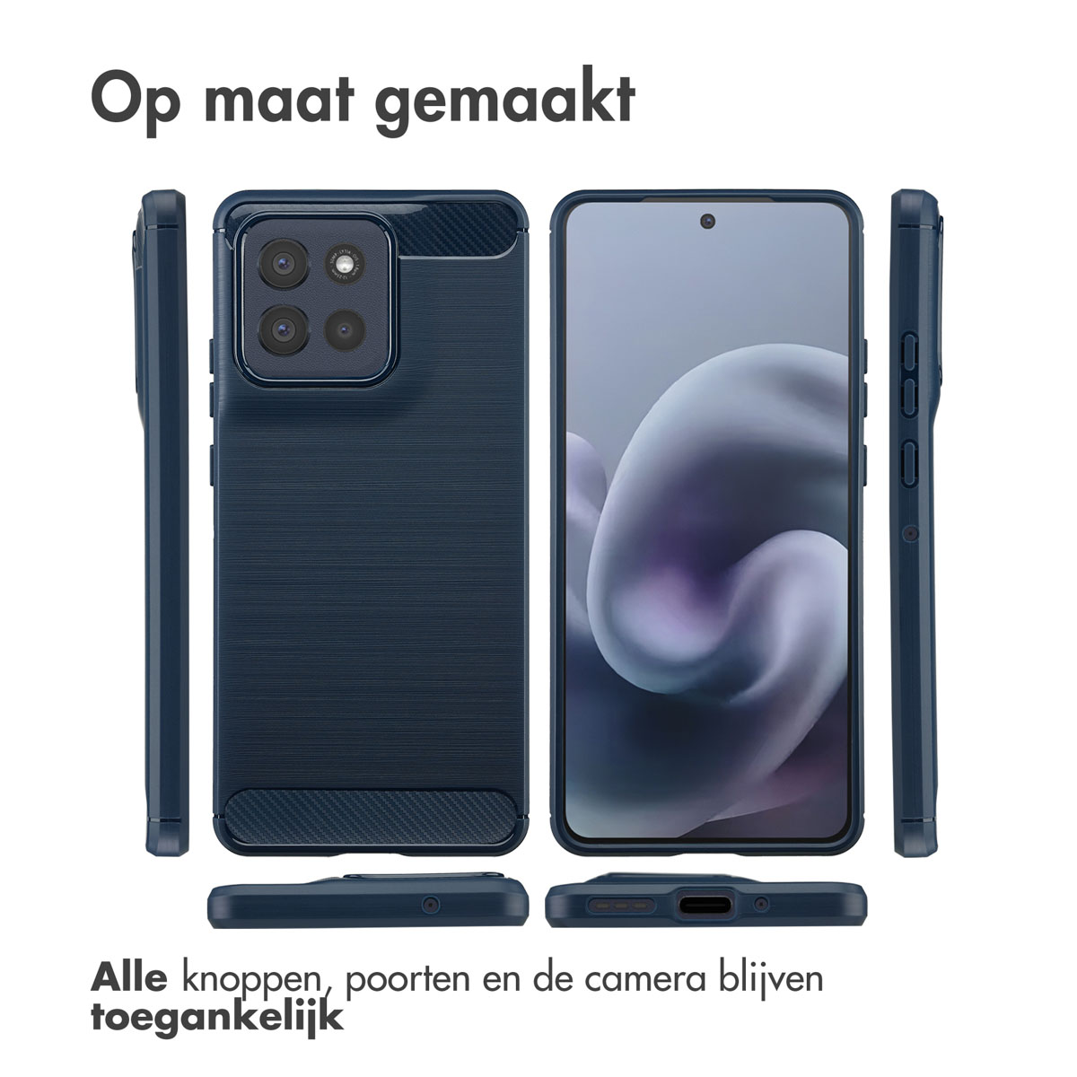 Dunkelblaue Handyhülle mit strukturierter Rückseite und Kamera, Knöpfen und Port-Ausschnitten. Telefonbildschirm zeigt ein verschwommenes Bild.