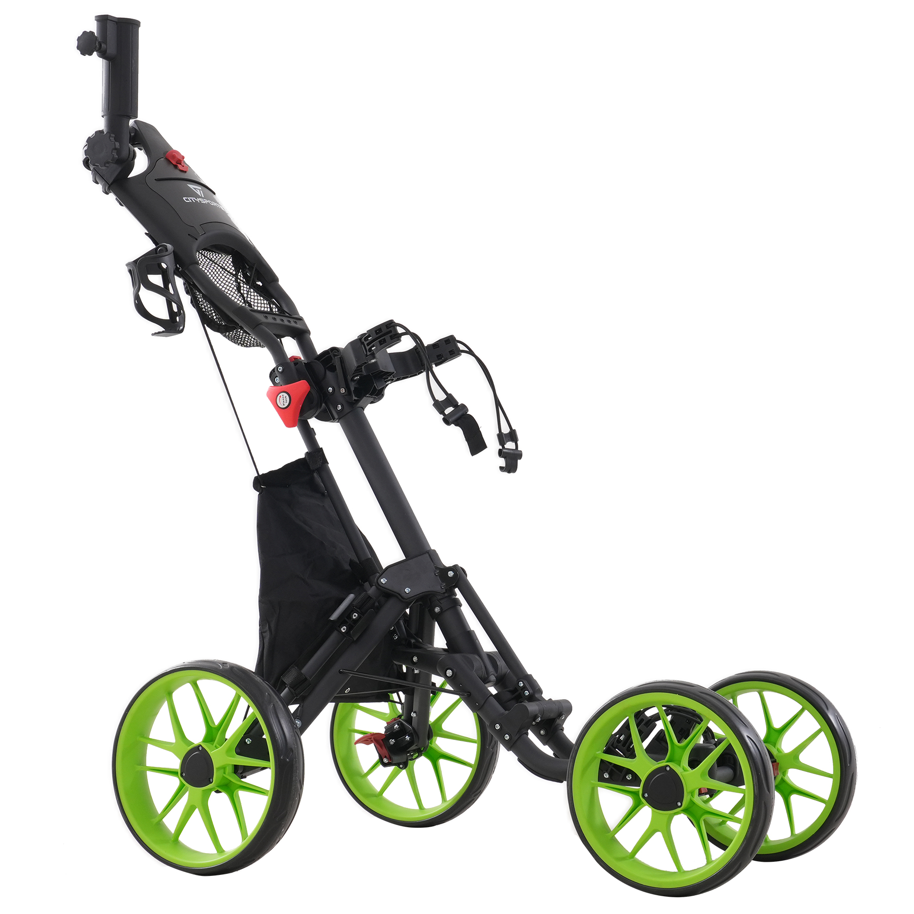 Czarny i zielony wózek do golfa. Ma cztery koła z zielonymi felgami i czarnymi oponami. Wózek jest na białym tle.