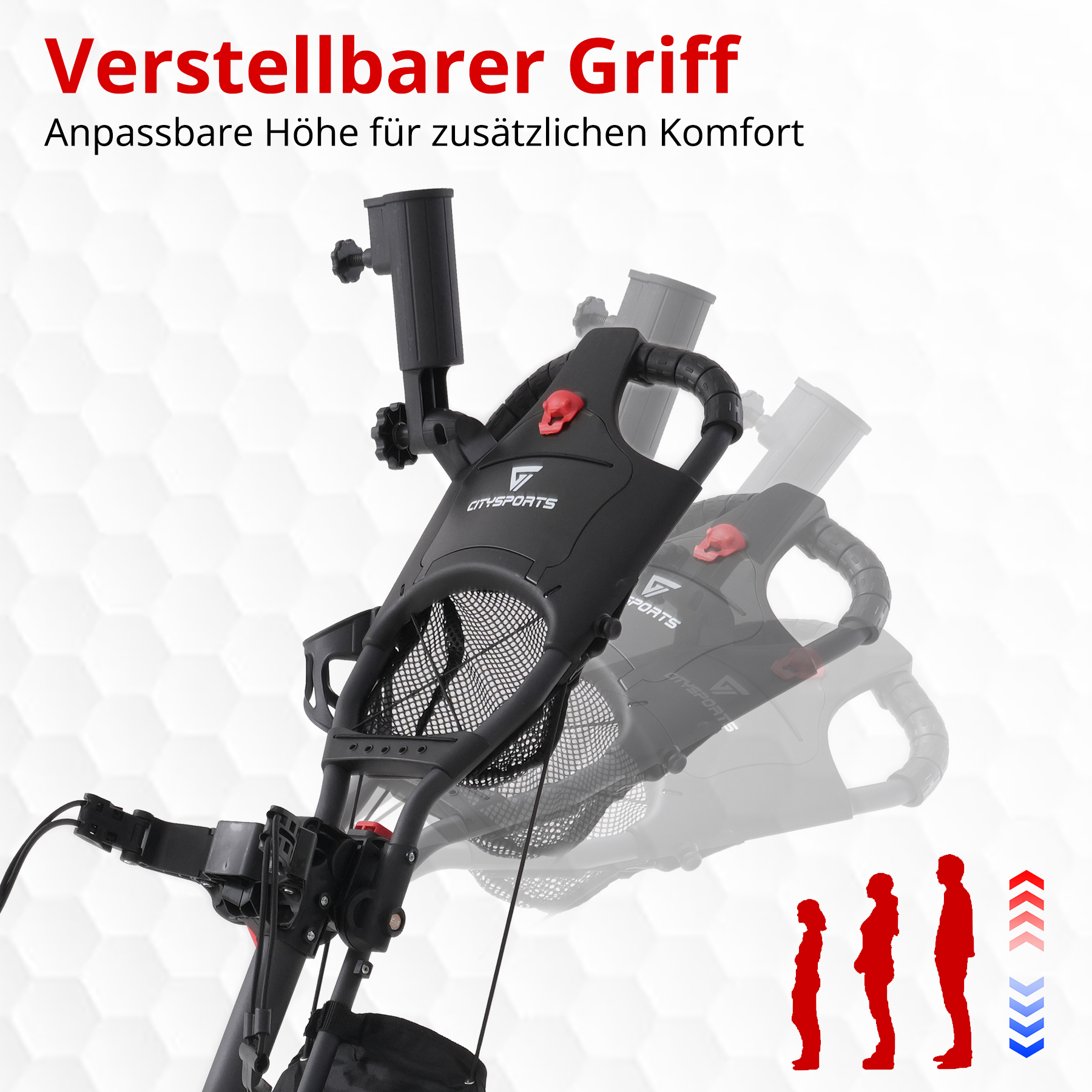 Golfwagen mit verstellbarem Griff. Rote Akzente, schwarzer Rahmen. Text auf Deutsch. Höhenverstellung durch Silhouetten gezeigt.