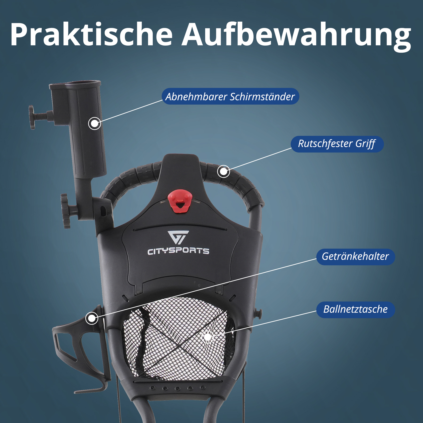 Ein schwarzer Golfwagen mit abnehmbarem Schirmhalter, rutschfestem Griff, Getränkehalter und Ballnetztasche auf blauem Hintergrund.
