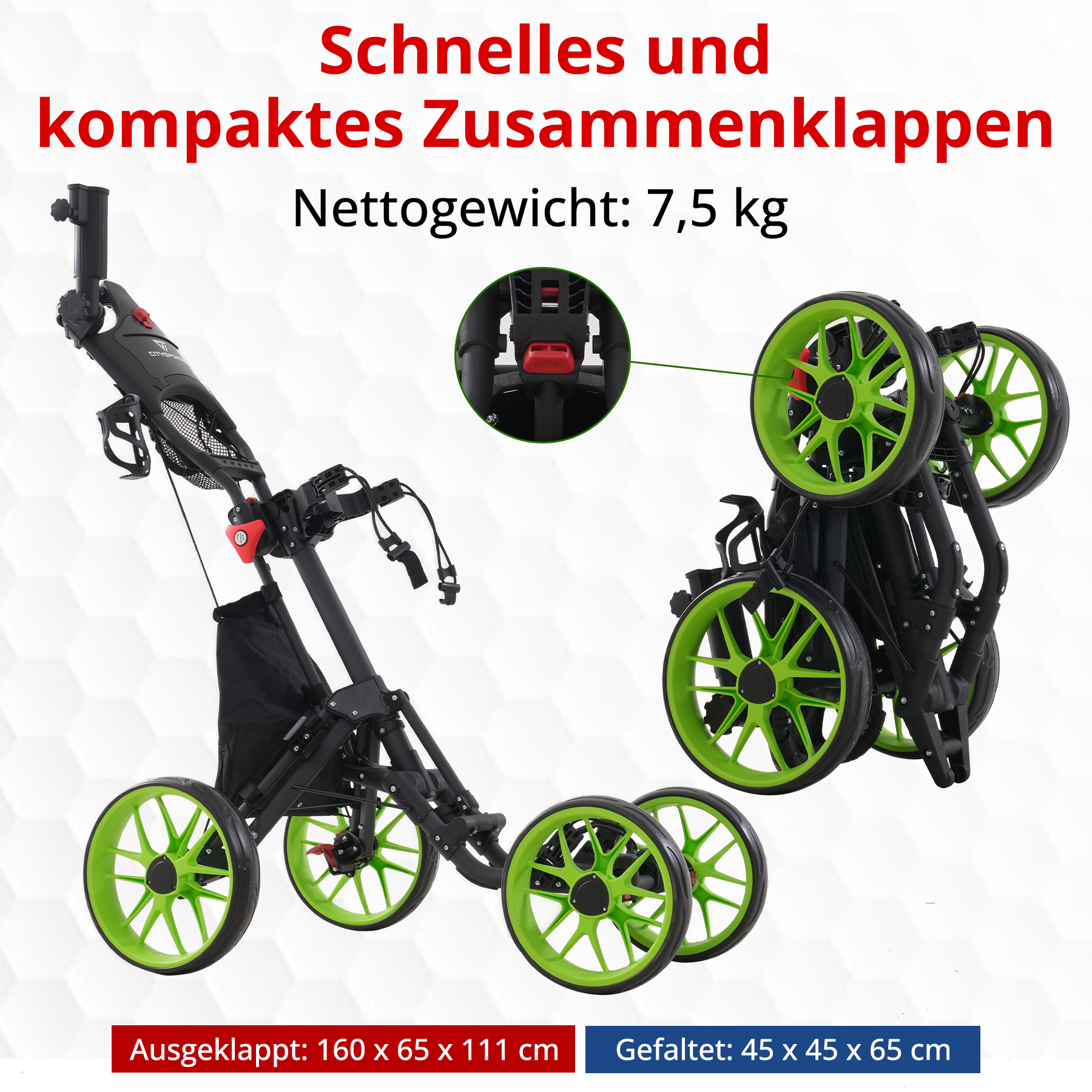 Schwarzer und grüner Golfwagen, gefaltet und entfaltet, mit deutschem Text. Abmessungen und Gewicht werden angezeigt.